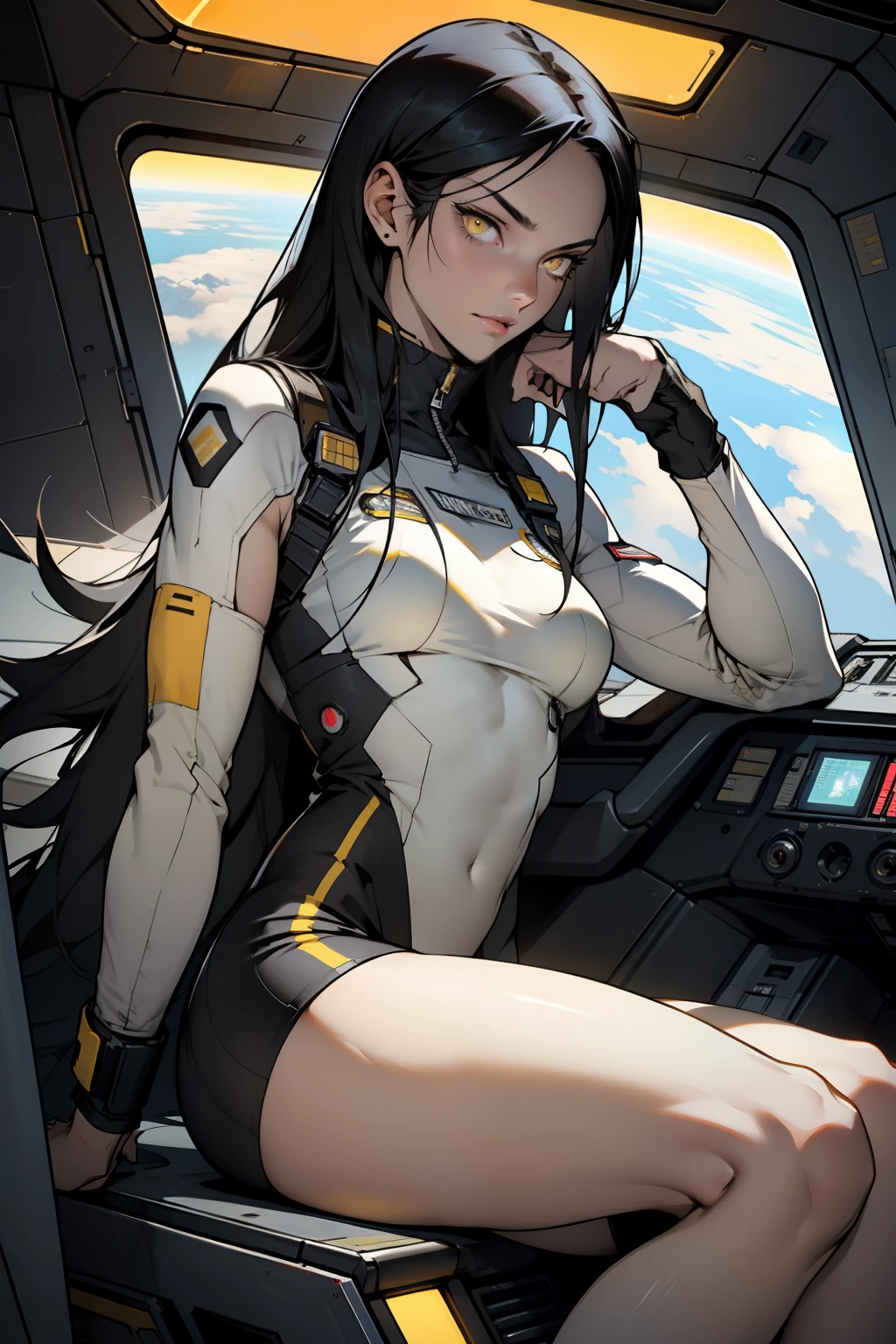 1 girl, black hair, yellow eyes, very long hair, pale skin, fit body, slender body, slim waist, large breasts, (confident expression), pilot suit, thigh gap, bare thighs, sleeveless, show bare legs, fit thighs, sitting in a cockpit of a spacecraft, view from the floor, legs apart, legs open