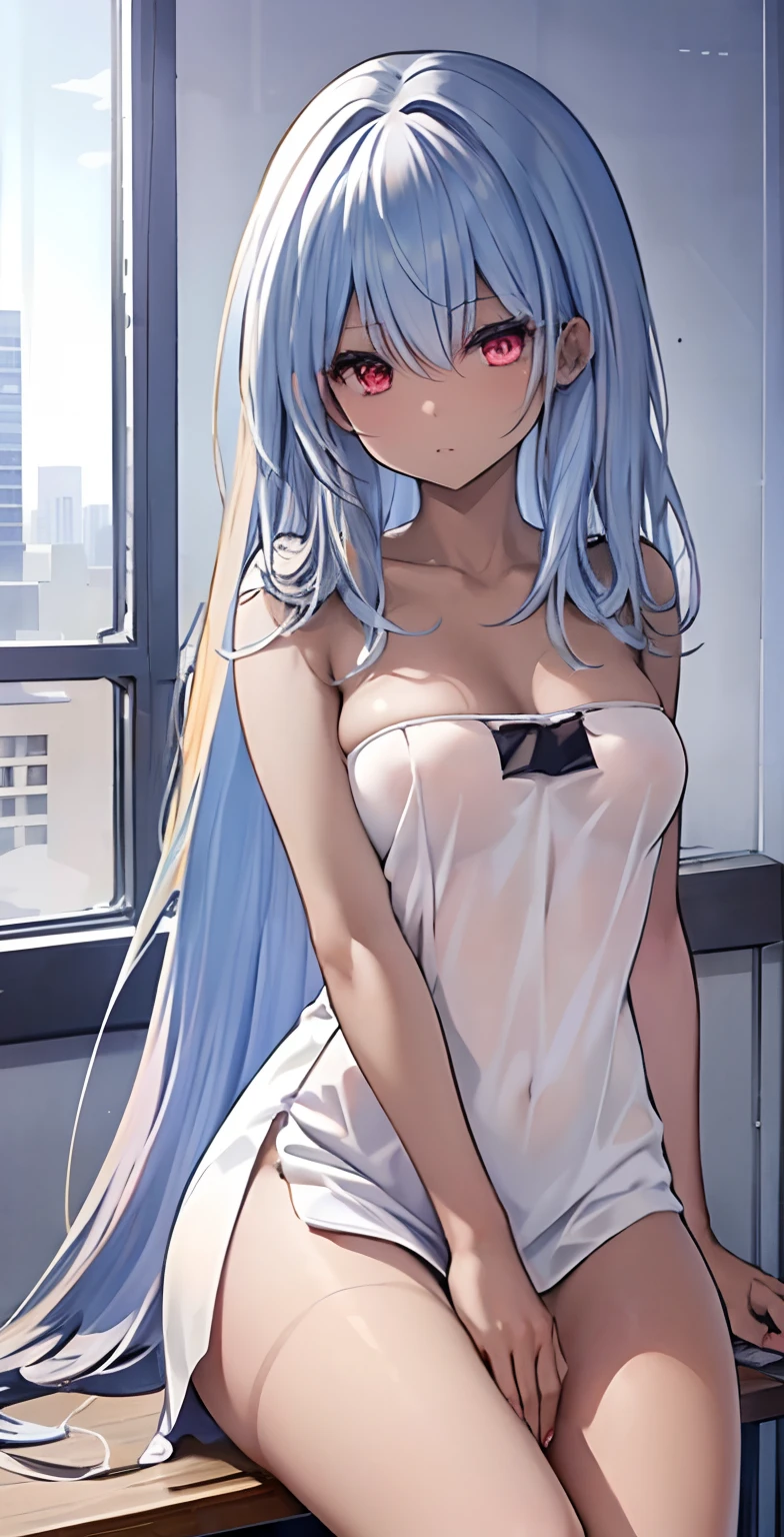 (master piece: 1.2, best quality), 1 lady, alone, School uniform, classroom, day, sitting, blonde, Double tails, red eyes, open collarbone, dark skin, (open breasts: 1.1),