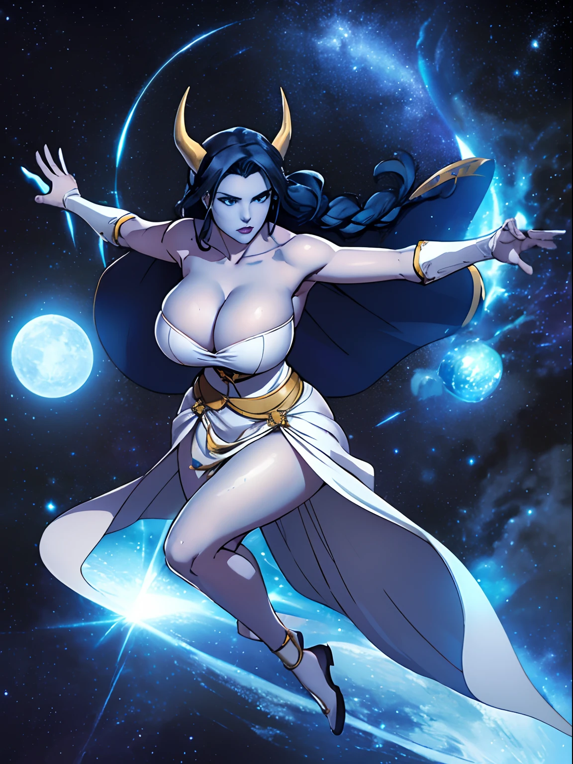 (masterpiece, top quality, best quality, official art, beautiful and aesthetic:1.2), (1girl:1.3), dark blue hair in braid, extremely detailed, portrait, looking at viewer, solo, (full body:0.6), detailed background, close up, (cool science fiction space theme:1.1), ((((blue skin, colored skin)))), extremely busty sorceress, charlatan, mysterious, casting spells in space, four arms, revealing white robes, revealing white dress, crossed straps, fingerless gloves, long gloves, glowing magical energy, blindfold, elaborate headdress, golden ceremonial horns, sheer white fabric, elegant robes, skirts, streamers, cowl, cape, sandals, bracers, ((((four arms, gigantic breasts, cleavage, skindentation)))), slim waist, slim hips, long legs, athletic, SPACE, futuristic moon, (space exterior:1.1) background, dark mysterious lighting, shadows, magical atmosphere, dutch angle