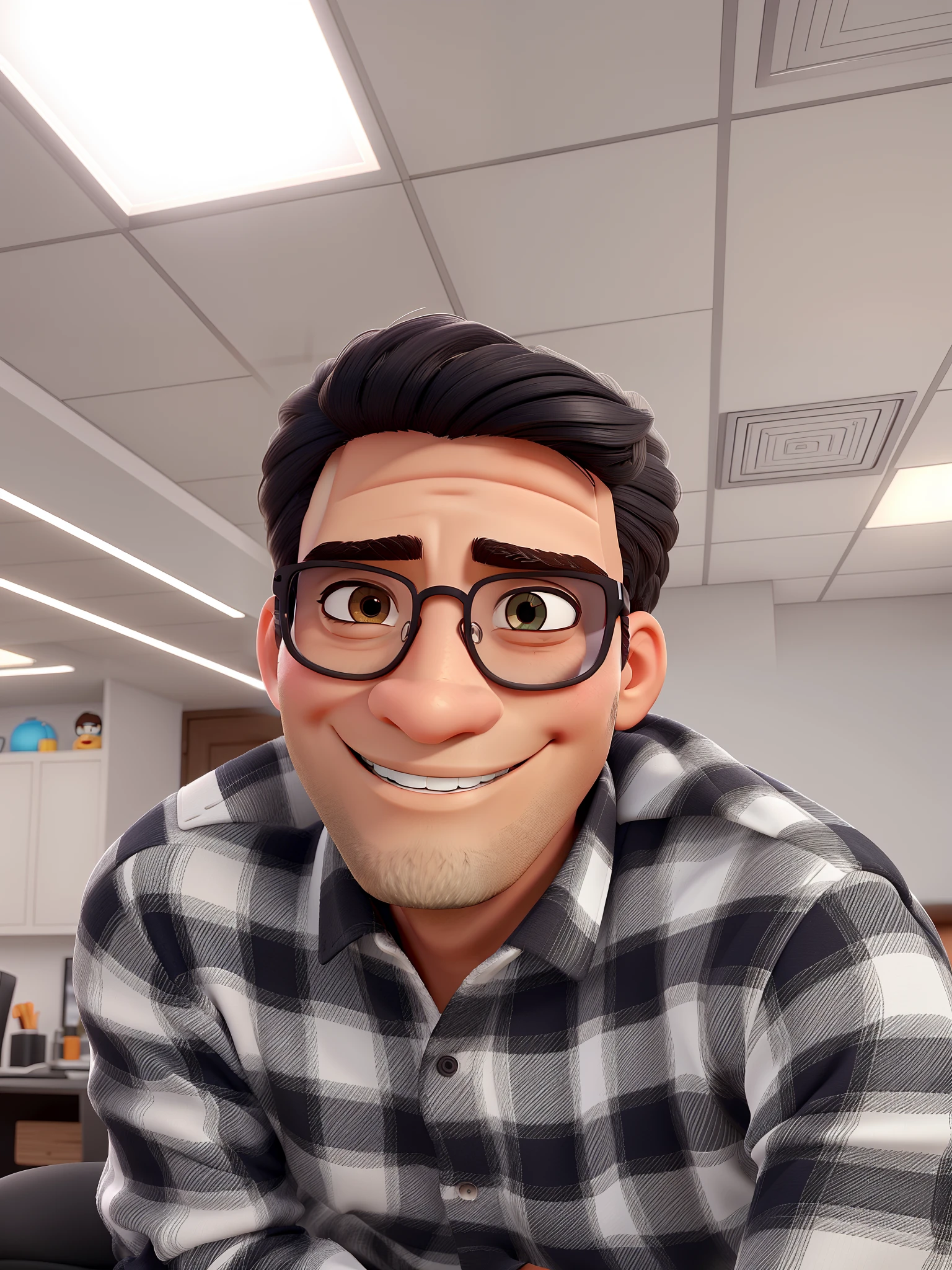 Homen Branco com penteado preto liso, olhos puxadinhos, Wearing glasses and a beautiful smile, Estilo Pixar