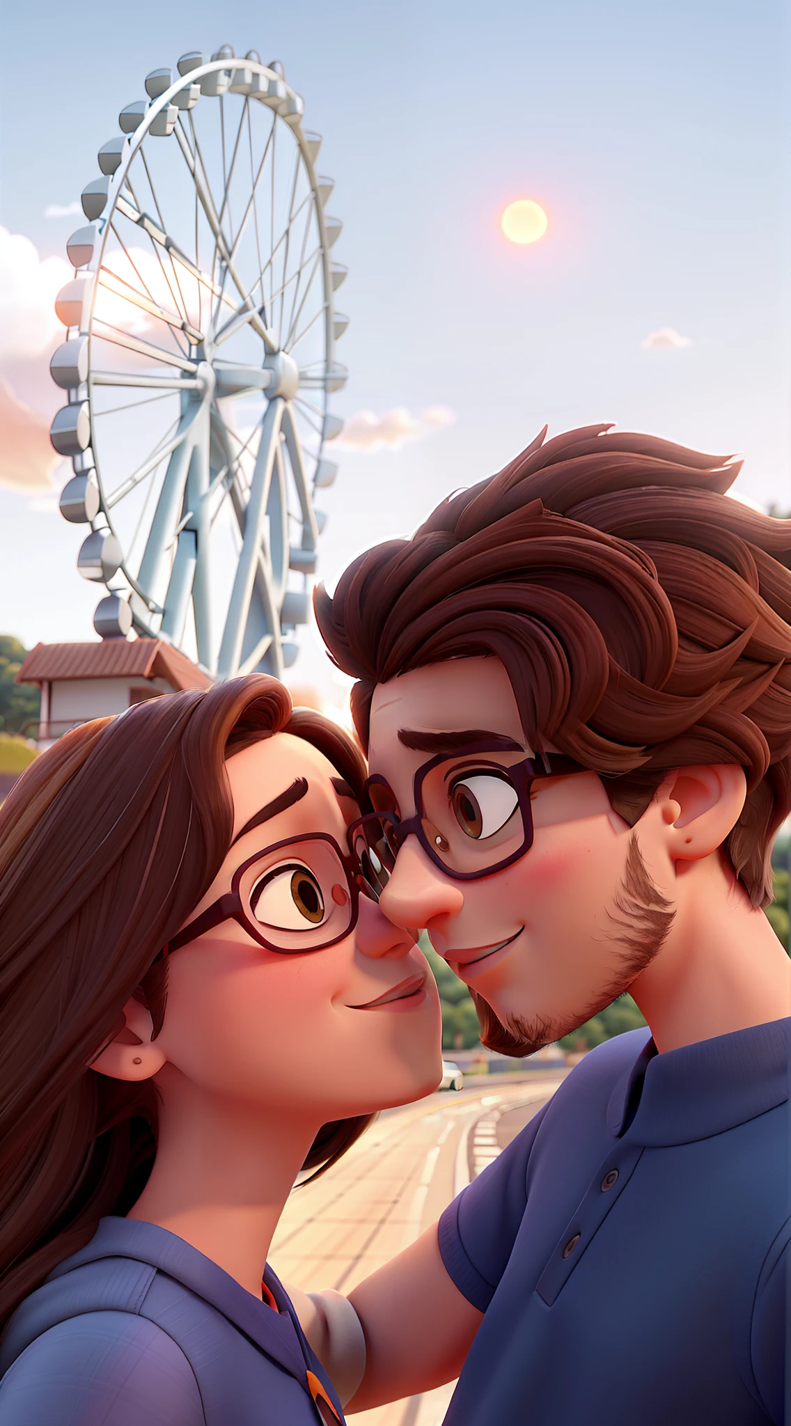 Uma imagem estilo pixar de um casal jovem dando um selinho em frente a uma roda gigante moderna. The sky was orange due to the sunset. the girl is brunette, wears glasses and has long, straight hair. The boy is brunette, wears glasses and has a short beard. Alta qualidade, melhor qualidade.