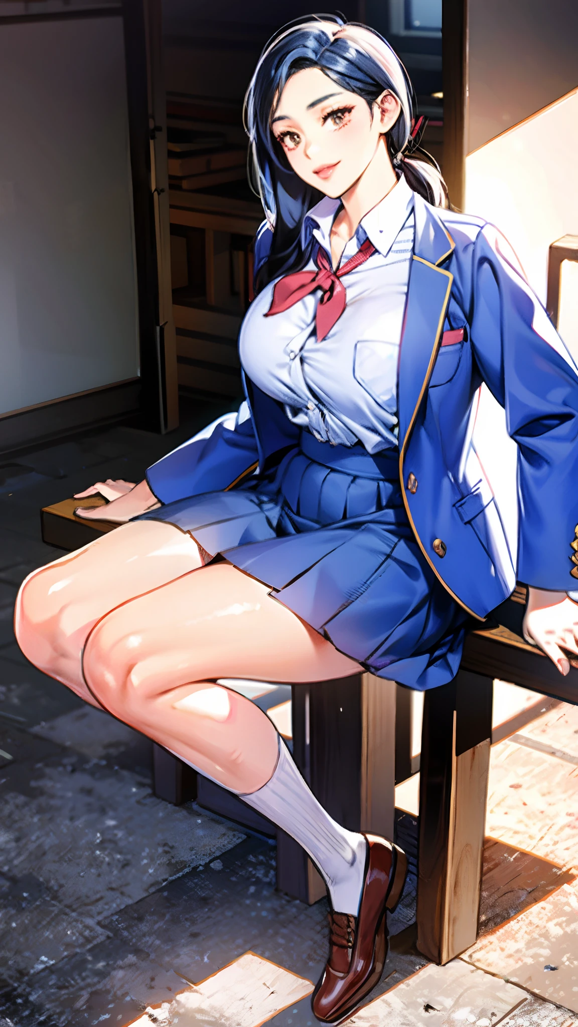 (masterpiece: 1.2), (best quality: 1.2), (highres: 1.2), (komiShouko: 1.5), , best quality, absurdres, 1girl, looking at viewer, stockings, school uniform, red skirt, red bow, blazer, window, sitting, upskirt, (white panties: 1.2), (visible panties: 1.2), (lifting her skirt: 1), spreading her legs