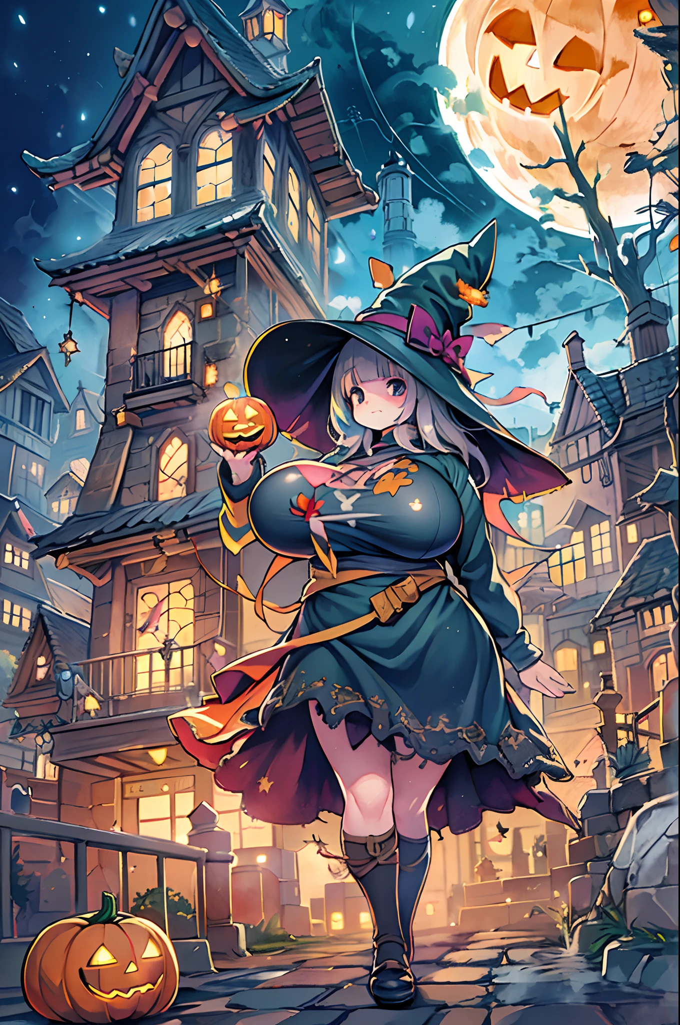 masutepiece,Charming Halloween Witches, Random coloring,2D, planar vector, T-shirt design, Colorful splashes, Fantasy Art, Watercolor effect,Digital Painting, white bg, 8K、night cityscape,bbw,Anime style、huge-breasted、BBW