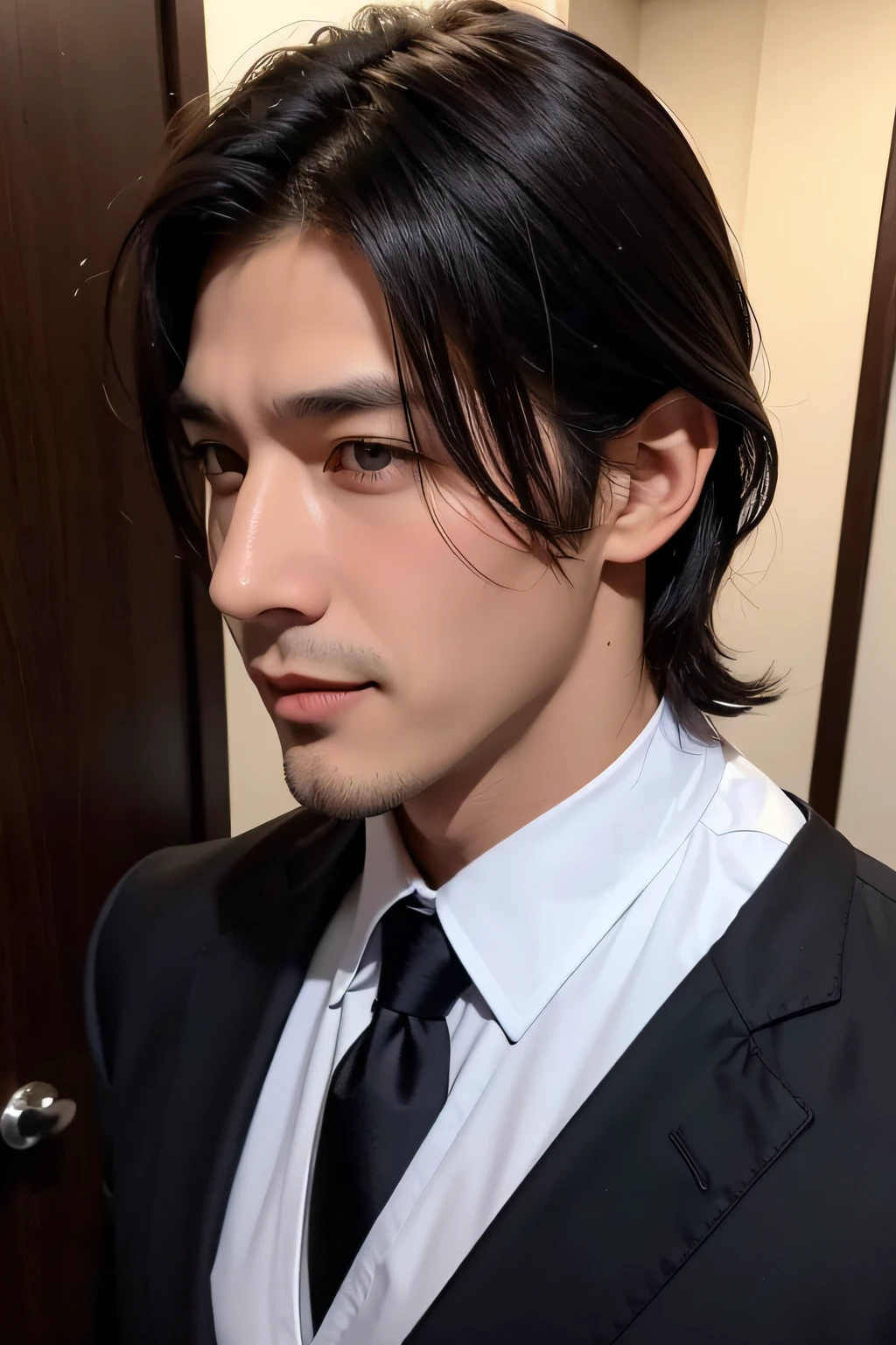 elegant man, 50 generations, Mature, Dark black hair, Short straight hair, From hair to the level of the neck, Orange Eyes, Black eye patch, Grey Social Blouse, Dark blouse below, Purple scarf on tie, Grey Social Pants, Black Social Shoes, ivory cane, Smile modestly, muscular guy, Interior view, beautiful man. ((facial close-up、