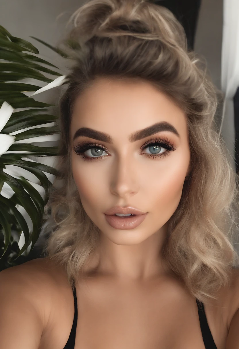 Arafed mulher completamente , Menina sexy com olhos azuis, Ultra realista, meticulosamente detalhado, Retrato Sophie Mudd, cabelos loiros e olhos grandes, selfie de uma jovem mulher, Camera eyes, Violeta Myers, sem maquiagem, Maquiagem natural, staring directly at camera, Rosto com Artgram, Maquiagem sutil, Grande foto de todo o corpo ajoelhado na cama, no quarto, Medium to large bust,