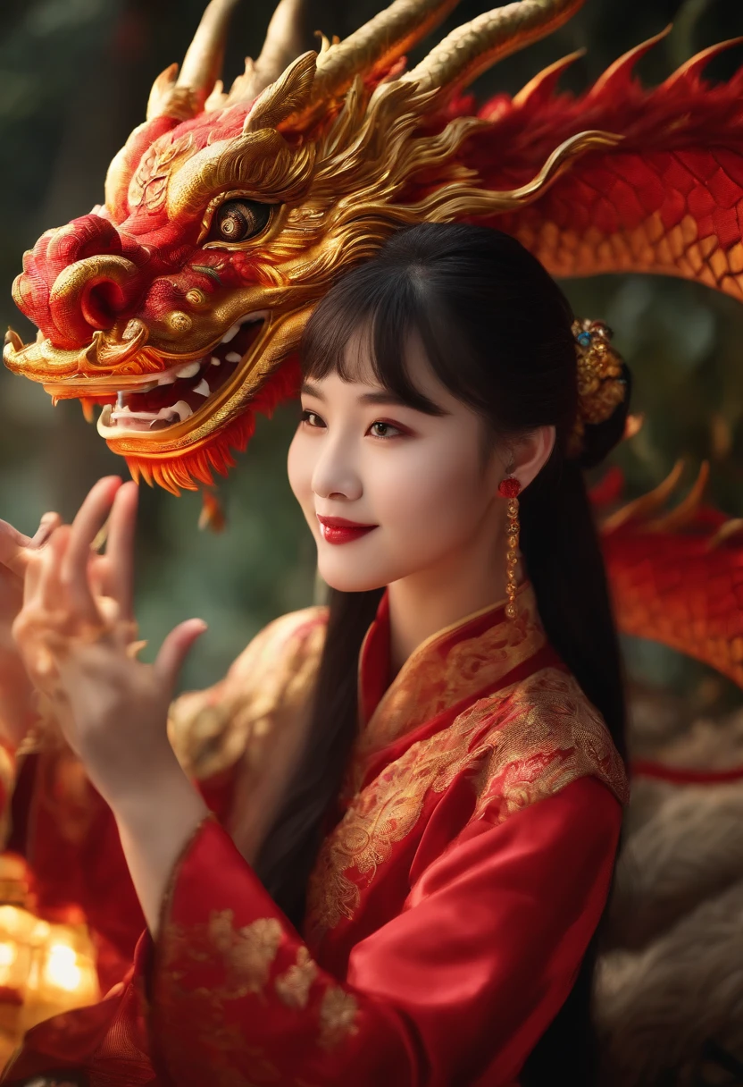 1girl, master part, best quality, Making friends with the Chinese dragon, fun, Feliz, brilhante, Loong,