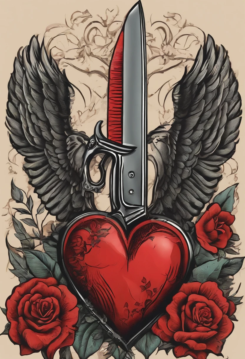 Vintage 70's cartoon drawing black and red tattoo with a winged heart and a knife behind the broken heart, desenhado a nanquim