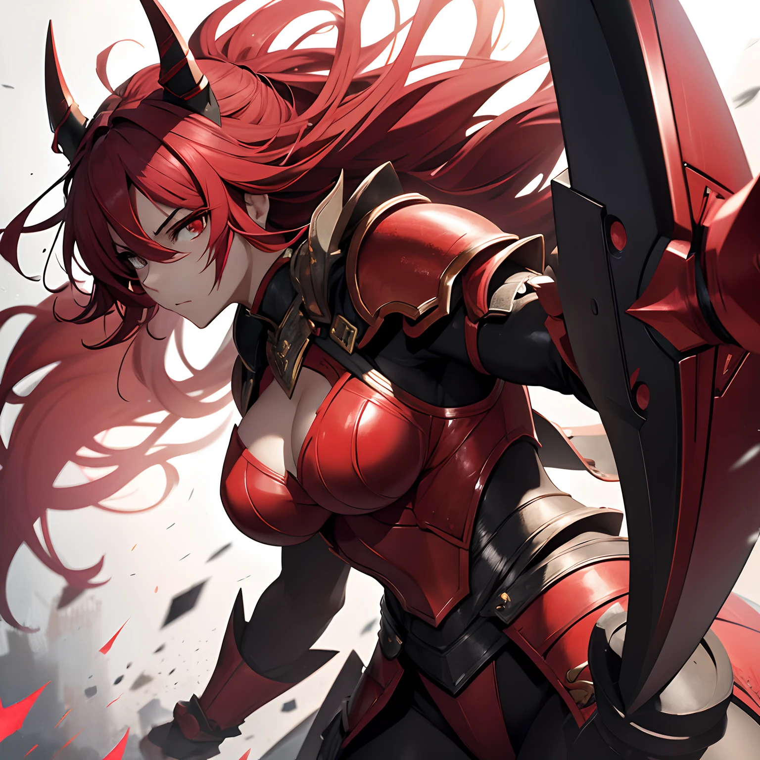 Anime style A powerful female knight stands ready to meet any challenge, clothed in red armor and gripping a giant sword in her strong hands. Her sharp eyes and glowing red dragon horns give her a fierce and intimidating appearance, yet her noble and kind expressions hint at her true nature. Whether striking down an enemy with her massive blade or protecting the innocent with compassion, this red knight is an unforgettable image of strength and courage.