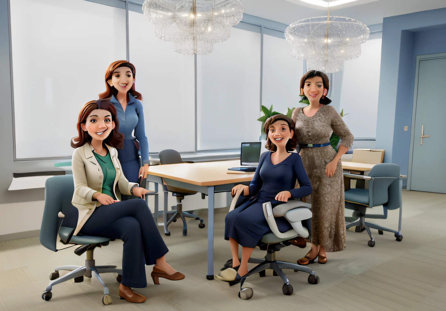 obraprima, de melhor qualidade, Quatro mulheres adultas sorrindo, com capacetes de arquitetas, designing in an office setting in Italy, estilo pixar capa de filme disney