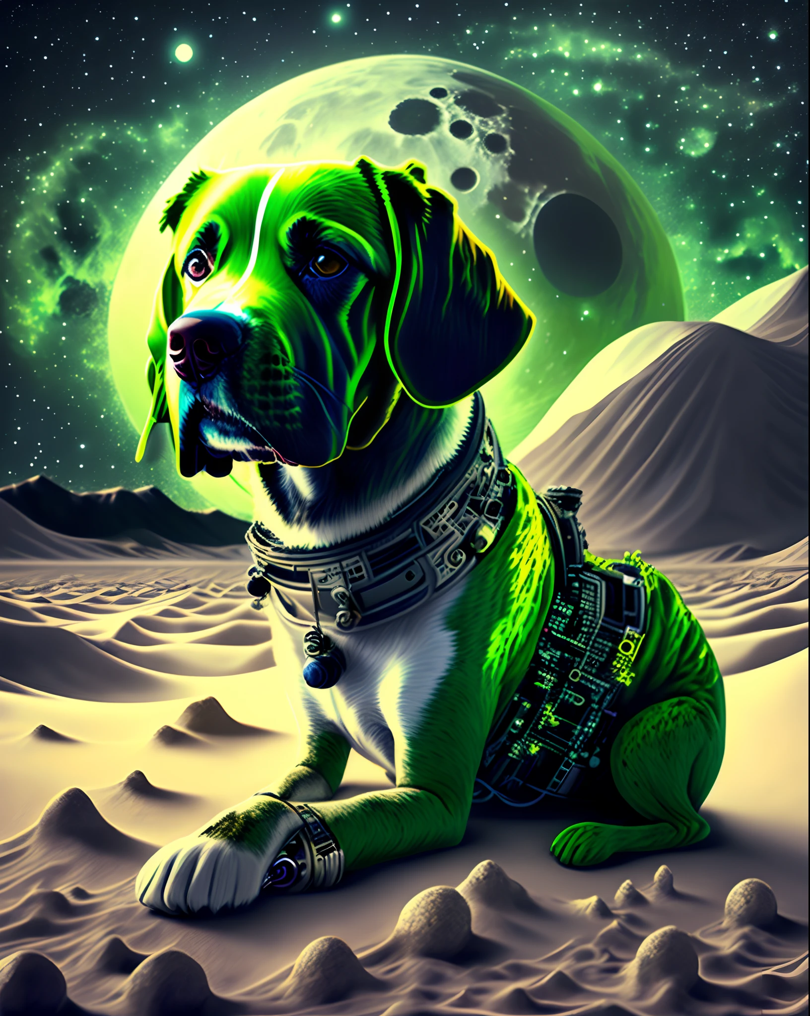 incredible masterpiece art, side view shot, Gray Pitbull Dog with head inside a glass bubble helmet and wearing an astronaut space suit, flying through outer space with a large jetpack attached and shooting sparks and green mist out the back,  wild galaxy planets and celestial stars in the background <lora:Gray Pitbull Dog:1>, Fantasy cartoon concept art style, cartoon cute digital painting, imaginative, dynamic composition, whimsical expression, adorable, playful character, professional-grade execution, creates immersive world and landscape, brush strokes