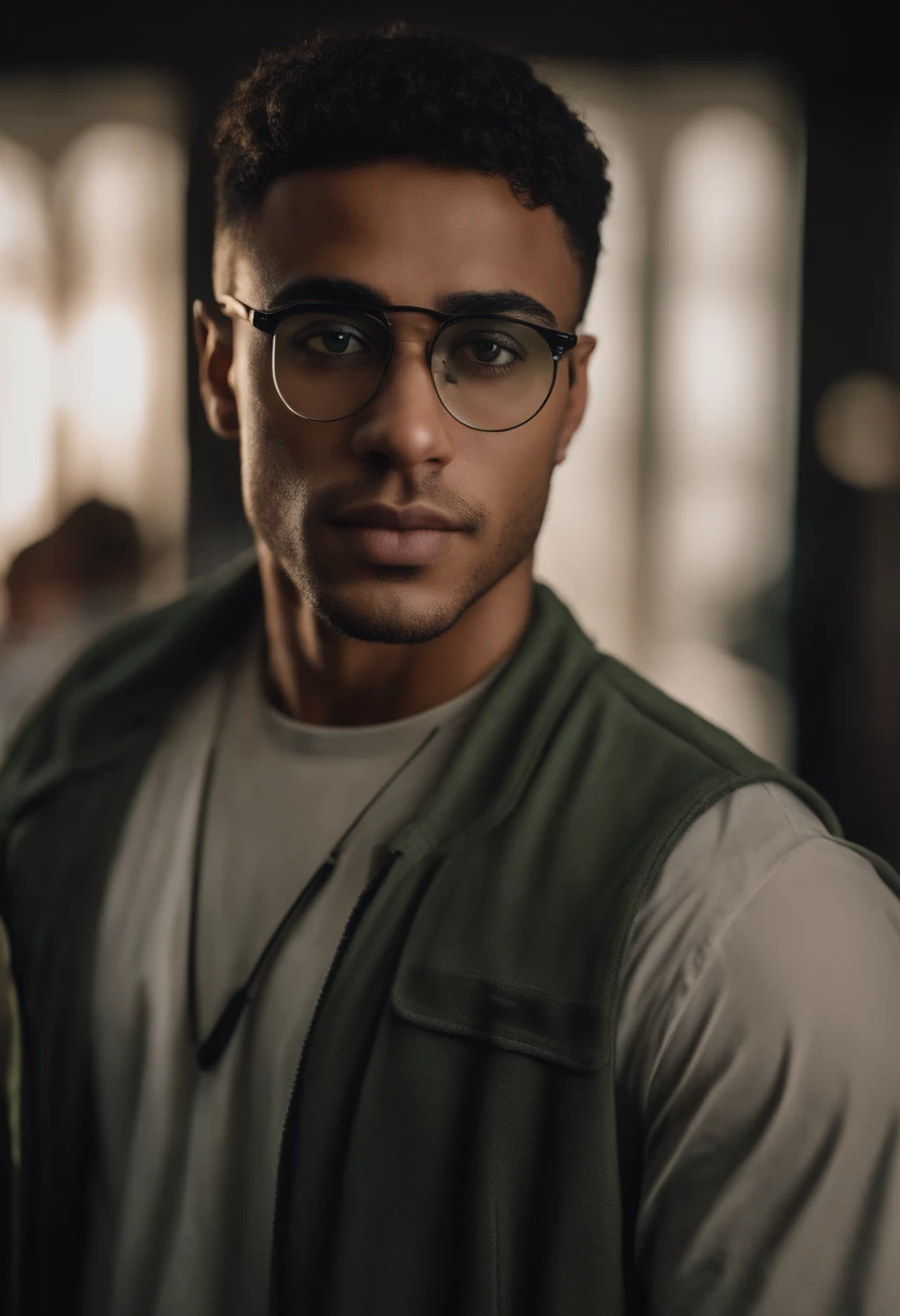 Young mixed-race man with greenish brown eyes and short hair, Dress with Nike from head to toe, Wearing Transparent Rectangular Glasses.