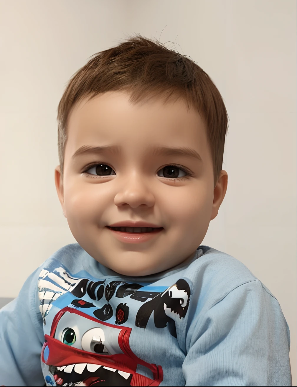 There is a baby sitting on a chair holding a plastic knife and fork, a fatherly wide forehead, a young and cute face, cute doting eyes, an innocent face, a cute face, a small nose, a mischievous expression, a serious face, sneering at the camera, and the background is blue sky and white clouds