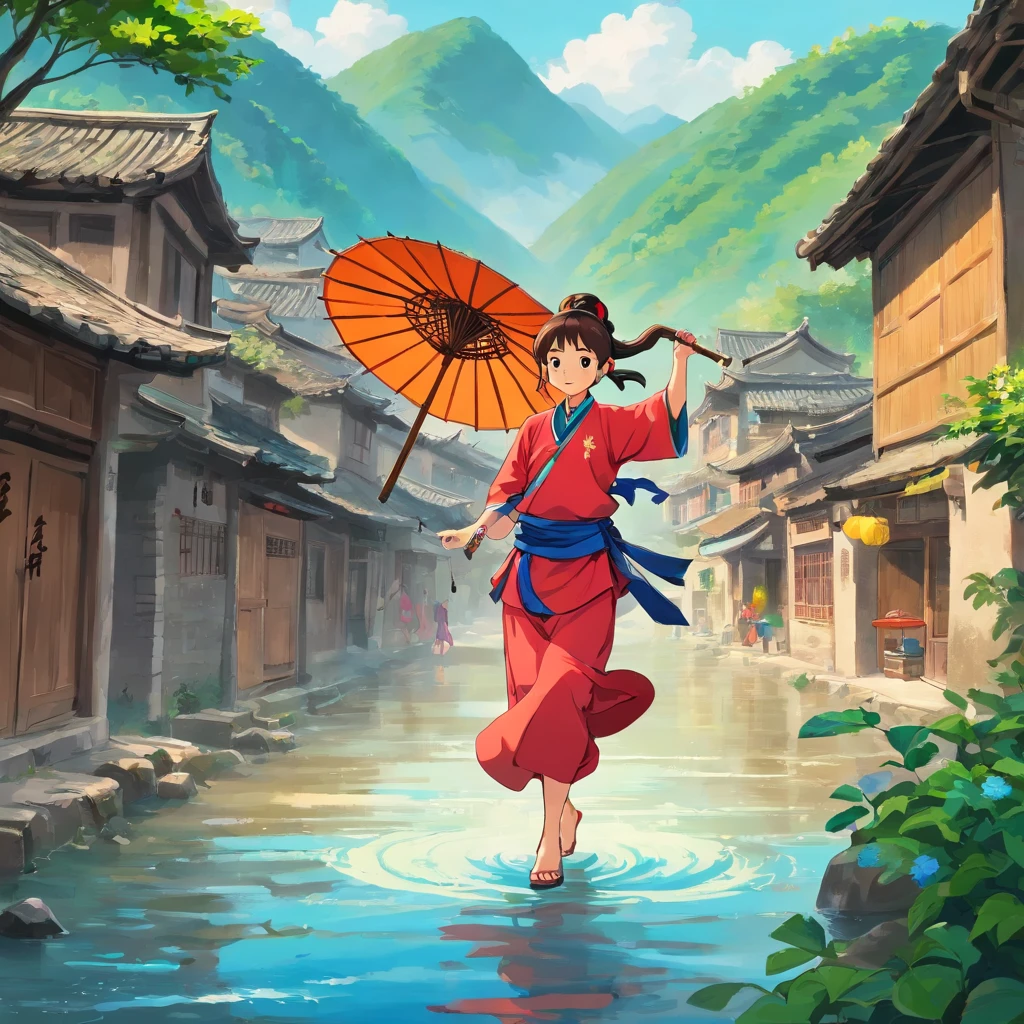 rural village background,Zhuang people,Sing mountain songs,Guangxi Mountain,a color,group of people,Girl,Zhuang costumes, Dance,Bamboo pole dance,Bamboo handicrafts,Bamboo pole dance,A group of ethnic groups with Guangxi Zhuang characteristics,Dance together,Fight monsters,Chase away the monsters,The flood is coming,Zhuang people,Go up the mountain and avoid the water for a day,The children of the village play in the mountains,Suddenly, There was a flash flood,The river rose。The village is in danger of being submerged。The children panicked,They are looking for a place to hide。That's right,The flower girl appeared,She told the children not to be afraid,Because she knows a magical place,You can take them to avoid disaster。