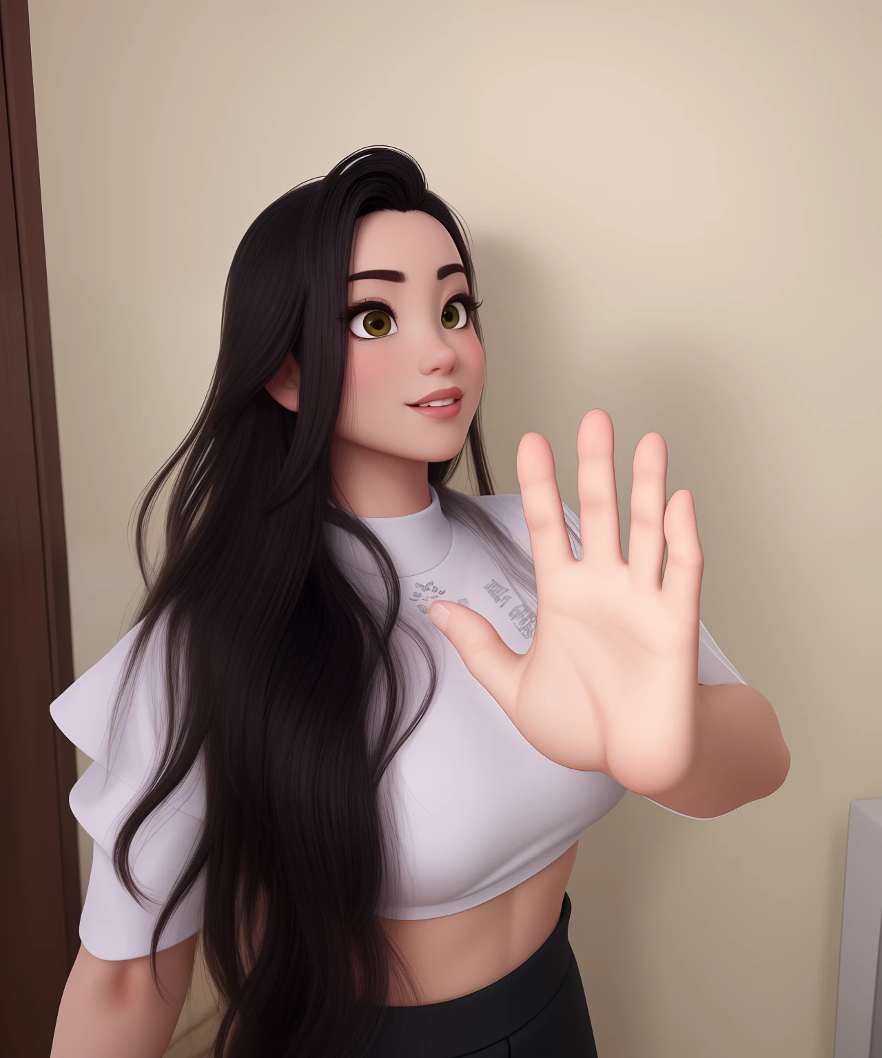 Um close up de uma mulher com uma camisa branca e um fundo branco, retrato uma mulher como mulan , com cabelo escuro e longo, morena, brasileira, jovem, Disney pixel melhor qualidade