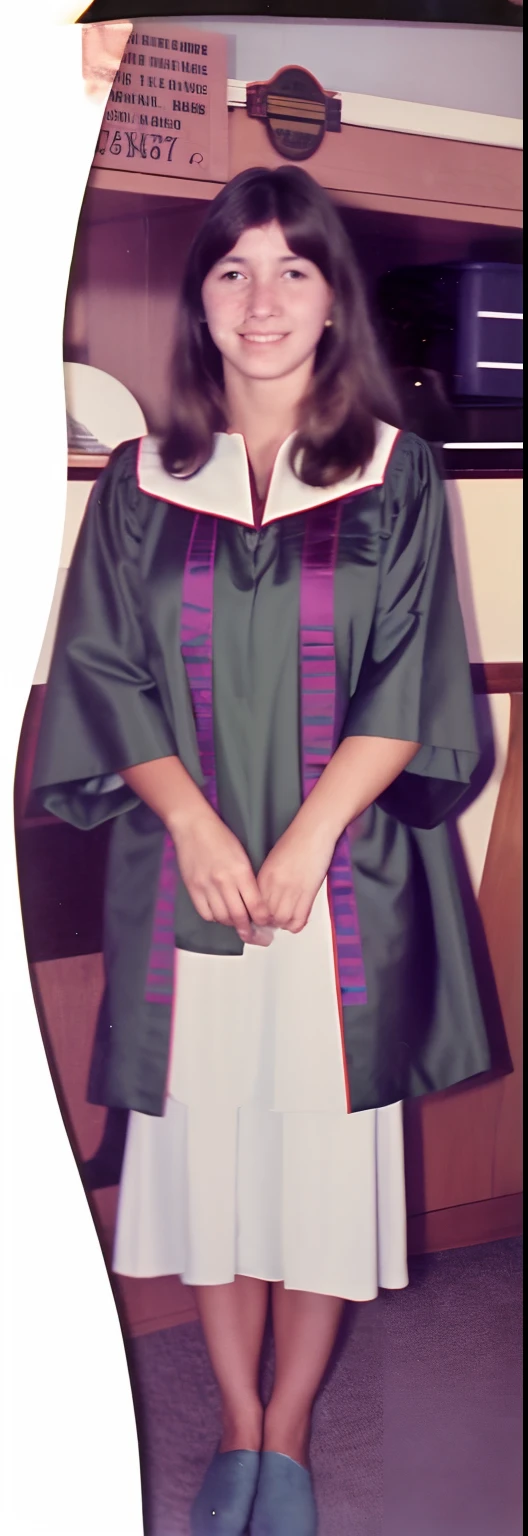there is a woman standing next to a woman in a dress, wearing an academic gown, 1 9 7 0 s photo, 1970s photo, graduation photo, aged 2 5, grainy photo, 1 9 7 5 photo, 70s photo, 7 0 s photo, grainy damaged photo, taken in the 1970s