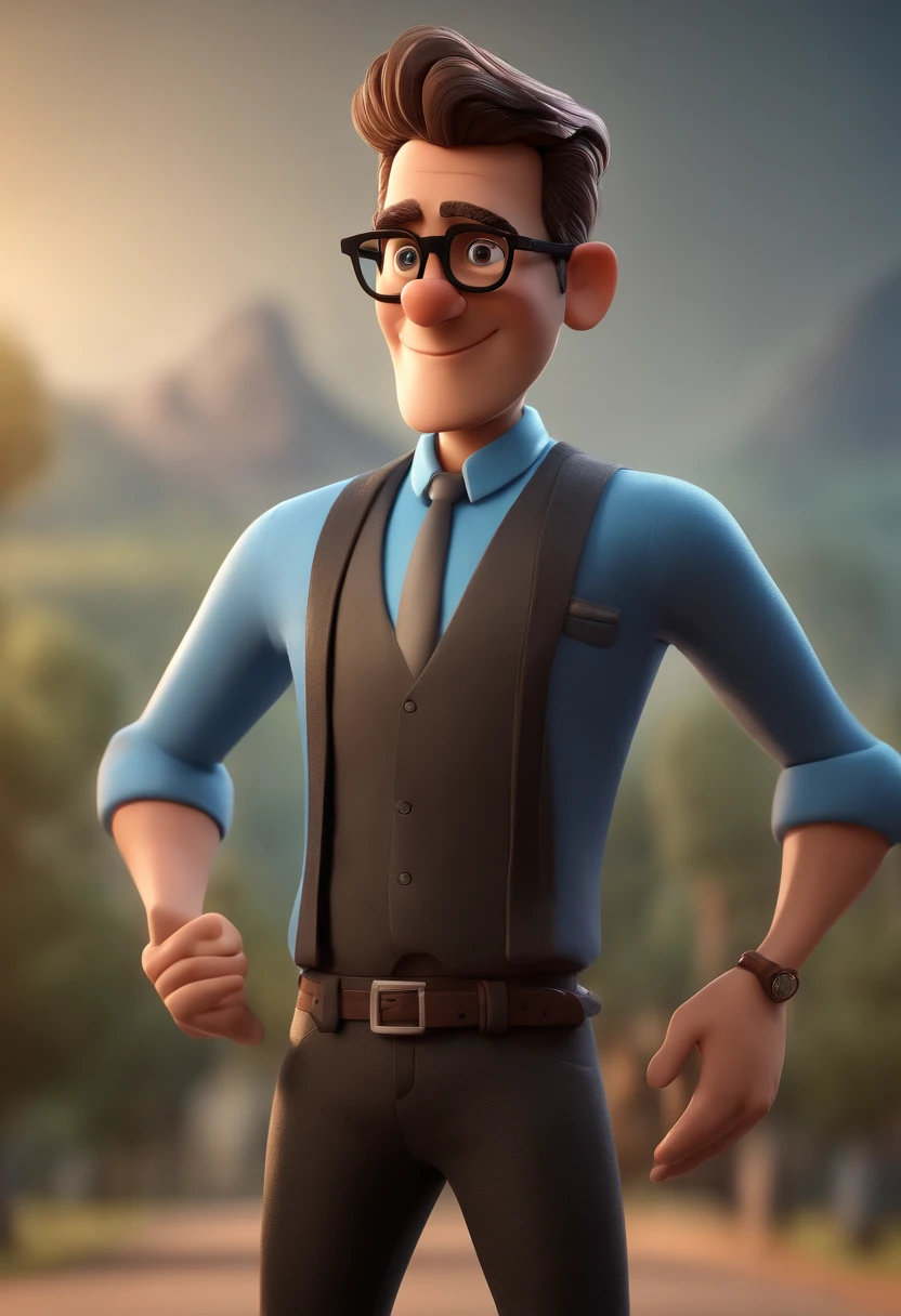Cartoon character of a man with black glasses and a blue shirt, animation character, Caractere estilizado, animation style rendering, 3D estilizado, Arnold Maya render, 3 d render stylized, toon render keyshot, Personagem 3D, Personagem 3D, 3d rendering stylized, 3 d character render, personagem de desenho animado, Personagem de close up, Pose de personagem, (Estilo Pixar) (master part:1.2) (Bokeh) (best quality) (pele detalhada) (textura detalhada) (8k) (argila) (Cinematic lighting) (foco nítido