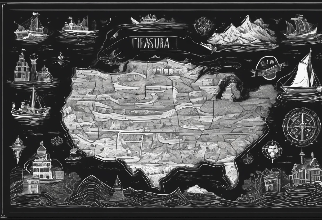 Treasure map on black background in horizontal frame