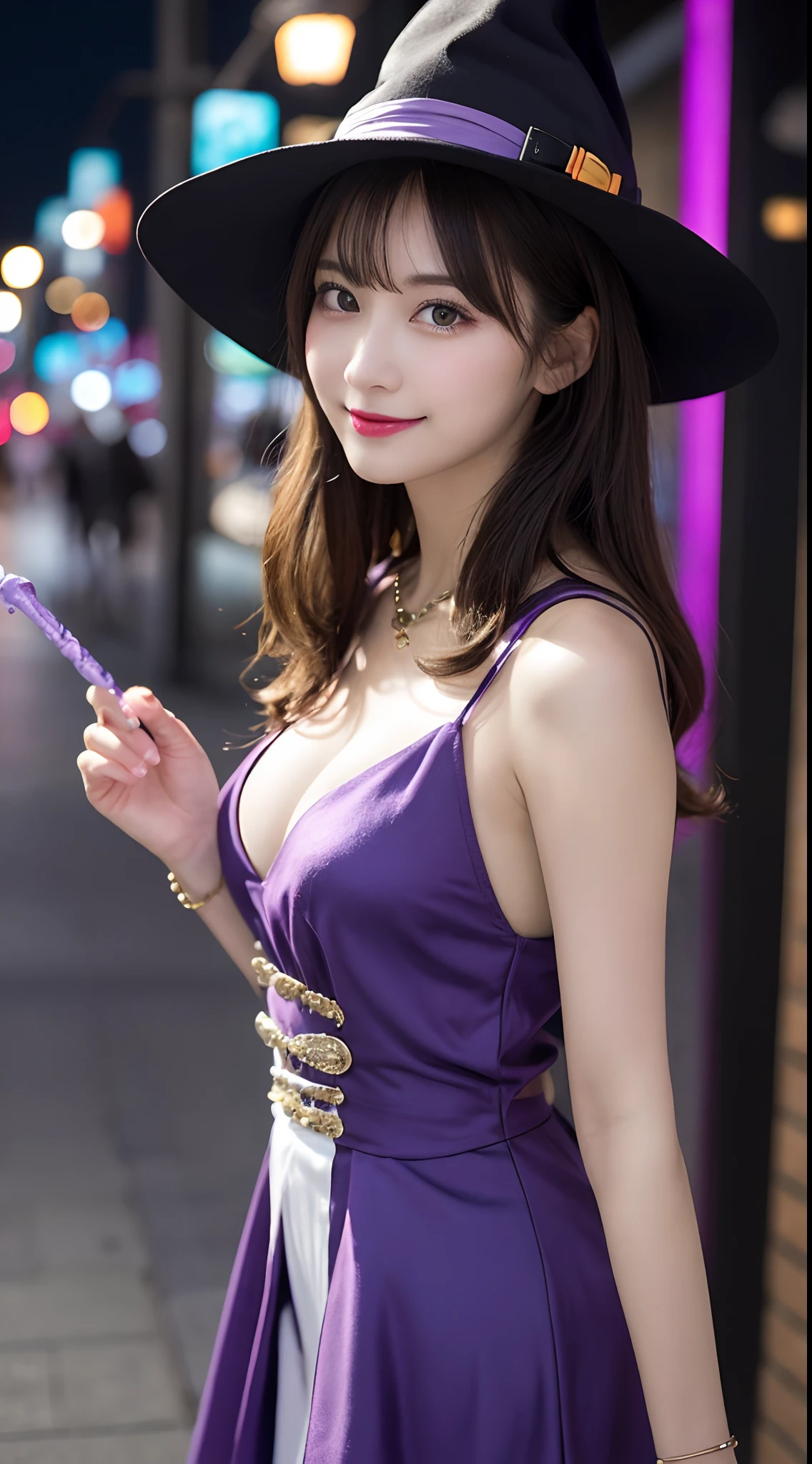 a beautiful girl, perfect face, arms at sides, masterpiece, ultra high res, high quality, 4k, upper body:1.5,  lisa (genshin impact), purple witch hat, green eyes, brown hair, (PureErosFace_V1:0.008), (european:1.6), bangs, dress, rose, jewelry, witch, capelet, purple headwear, black gloves, purple flower, hair between eyes, purple rose, parted lips, purple capelet, hat flower, multicolored dress, hair ornament,  windmill, from front view, big breasts and slender body 