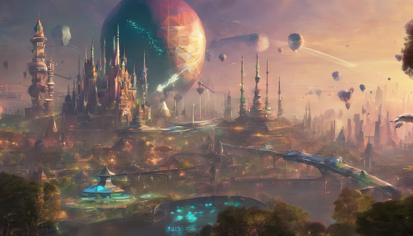 ((Technologie)small town),in a panoramic view,visual shock,epcot,dream magical,Airborne vehicles,Three-dimensional city in the sky,ultra HD picture quality,high-definition photography