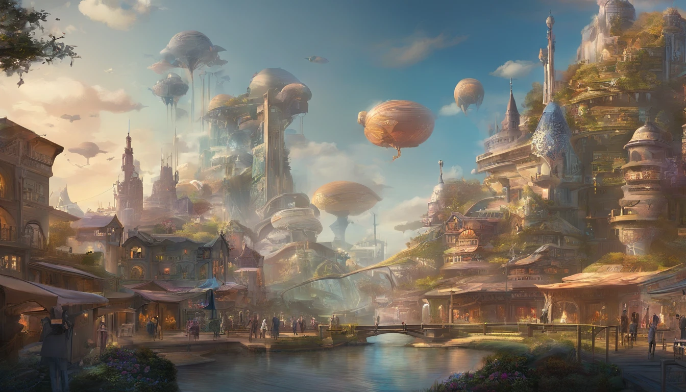 ((Technologie)small town),in a panoramic view,visual shock,epcot,dream magical,Airborne vehicles,Three-dimensional city in the sky,ultra HD picture quality,high-definition photography