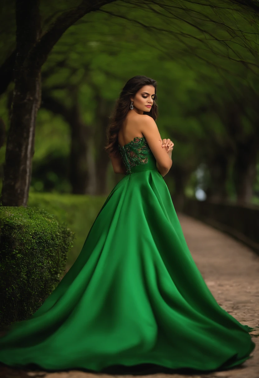 Jovem, branca dos olhos castanhos, cabelo ruivo cacheado ate o ombro, com um olhar sereno, meiga e fofa, usando um vestido verde lindo, em um parque.