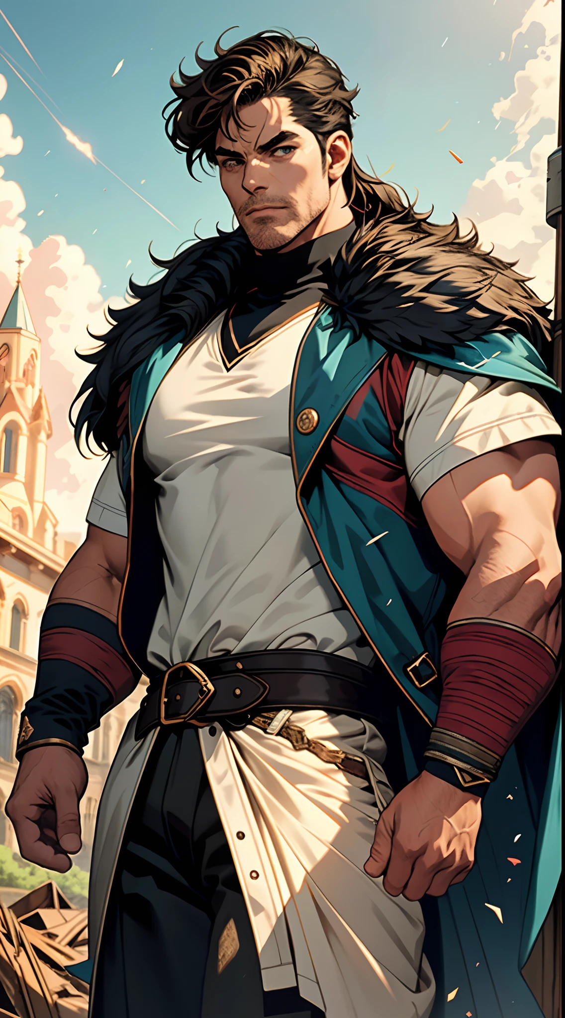 A middle-aged man of about 40, long hair in a striking red and black combination, wild and disheveled hairstyle, a fierce gaze, a confident smile, A lightning-shaped tattoo adorns his left face , a sturdy physique, a majestic fantasy-style coat with short sleeves, a form-fitting scale armor undershirt, Black fur shawl, wrist guards on his wrists, coarse cloth pants, e stands tall like a divine figure against a background of crumbling earth, with floating debris all around, this character embodies a finely crafted child with a fantasy-style dominant in anime style, characterized by an exquisite and mature manga illustration art style, high definition, best quality, highres, ultra-detailed, ultra-fine painting, extremely delicate, professional, anatomically correct, symmetrical face, extremely detailed eyes and face, high quality eyes, creativity, RAW photo, UHD, 8k, Natural light, cinematic lighting, masterpiece-anatomy-perfect, masterpiece:1.5