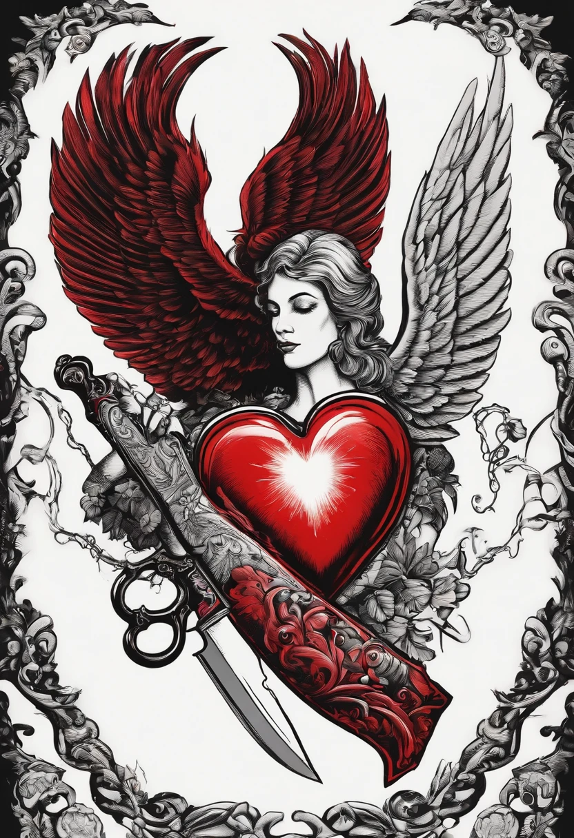 Vintage 70's Cartoon Black and Red Tattoo with a Winged Heart and a Knife Behind Broken Heart, desenhado a nanquim