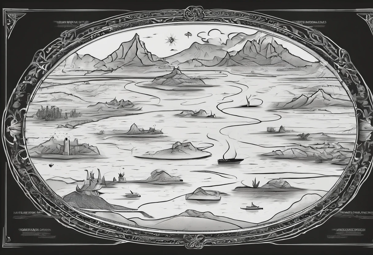Horizontal composition of uninhabited desert island treasure map on black background