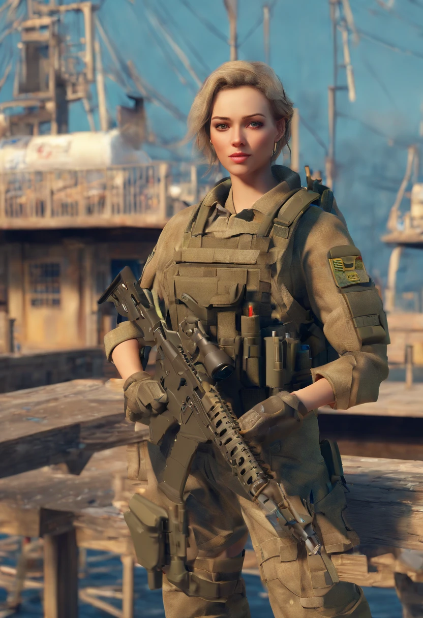 absurd resolution, high resolution, (master part: 1.4), hiper-detalhe, Weapons test site on an empty waterfront dock, 1 jovem mulher, cabelos ruivos curtos, traje de soldado, very serious expression