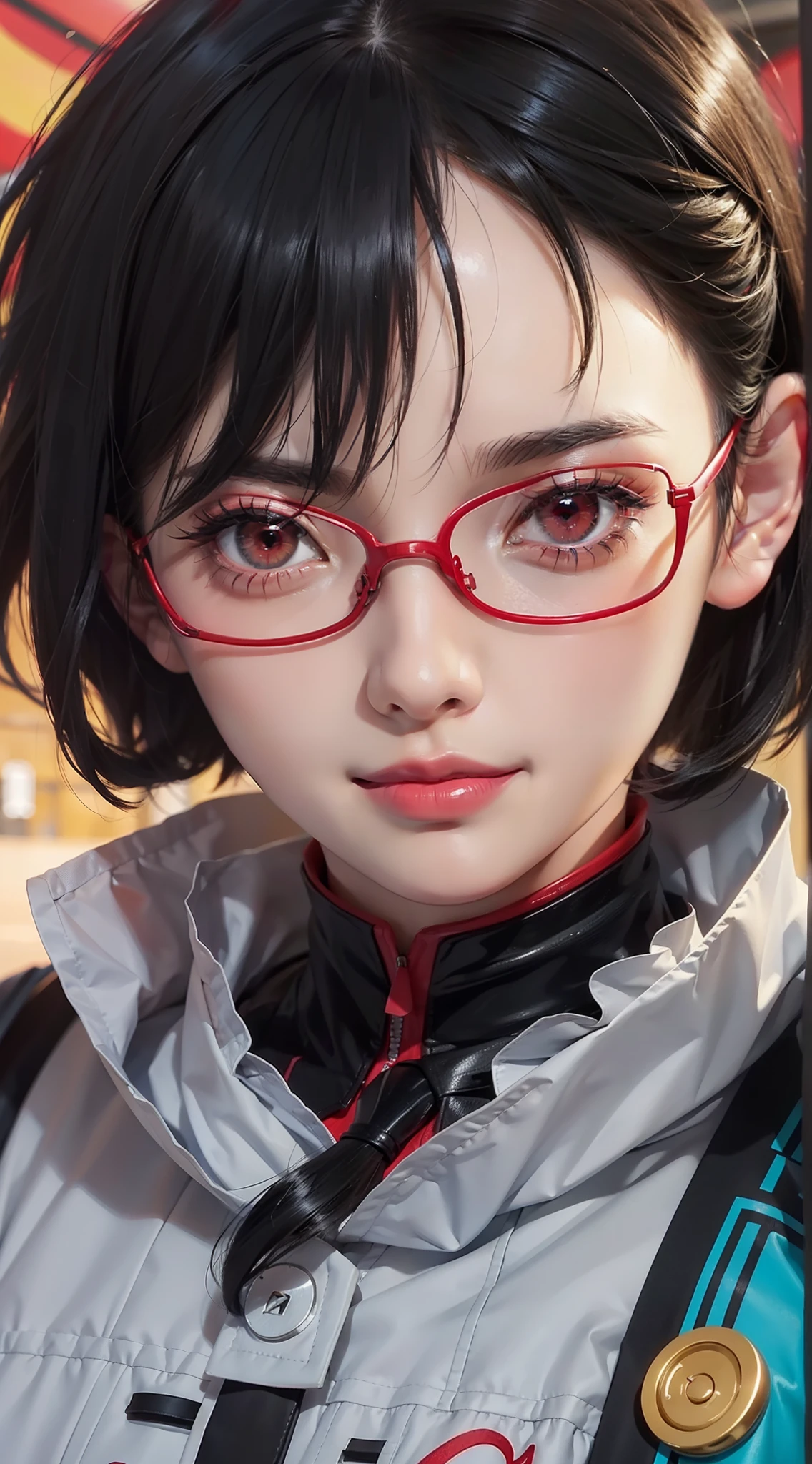 1girl, sarada uchiha in anime boruto, short hair, black hair, red eyes, smile, beautiful, sexy dress, sexy clothes, red clothes, wear red glasses, very big breast, realistic clothes, detail clothes, outdoor background, ultra detail, realistic