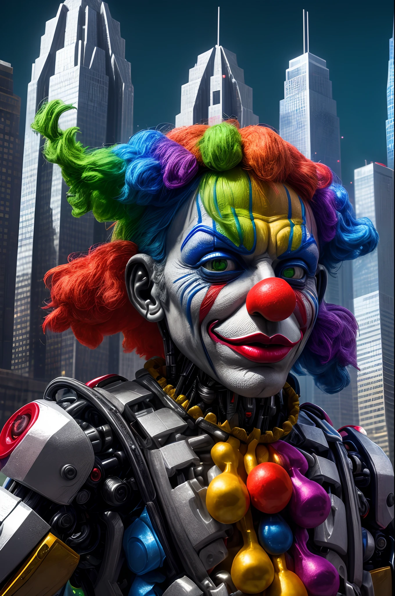 (best quality,high resolution,masterpiece:1.2),a 3D rendered clown with hyper-detailed features and expressions, a bio-mechanical robot, holographic cables, microchips, red and white color palette, semi-humanoid, rainbow color scheme, with the style of a green giant, against the backdrop of exploding skyscrapers.