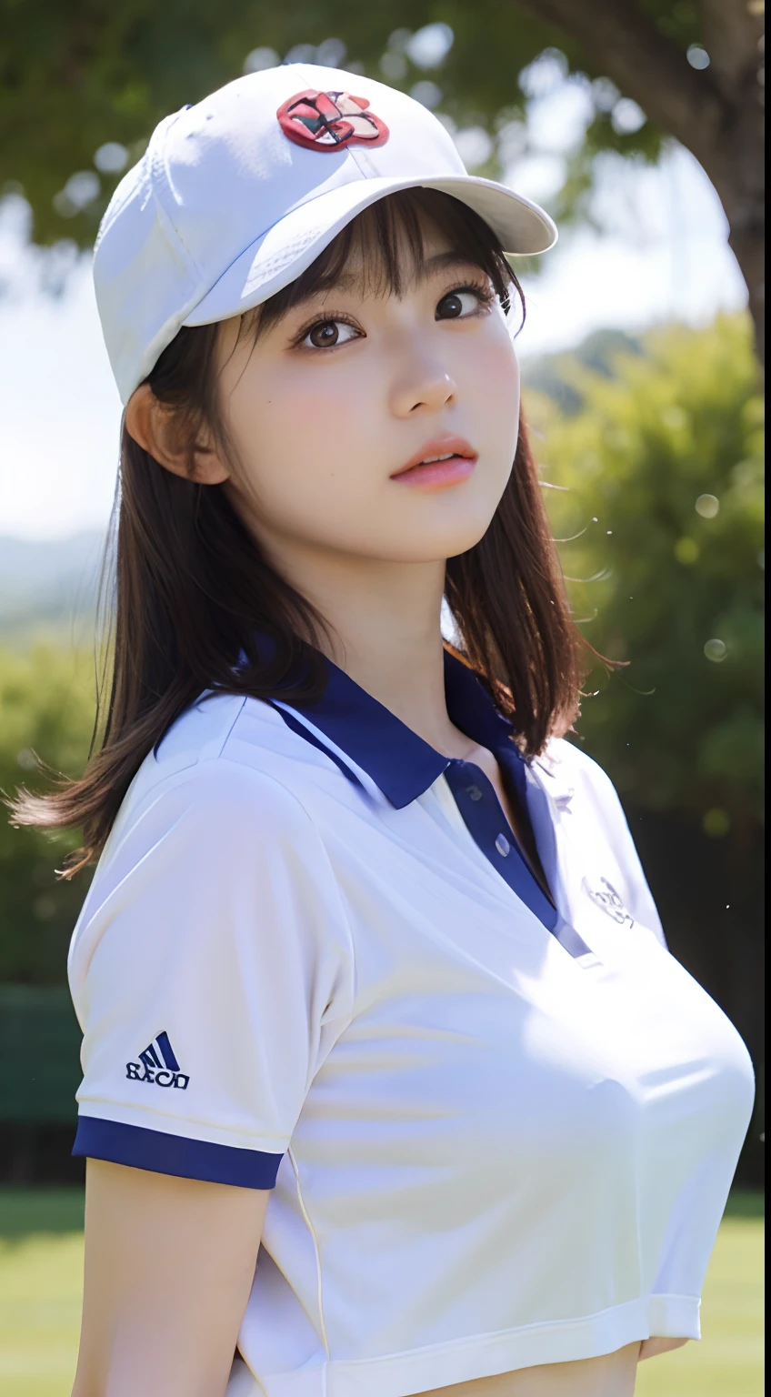 A 20-year-old woman wearing golf clothes、light skinned、medium breasts、a closeup、8K、kawaii、Hit the ball