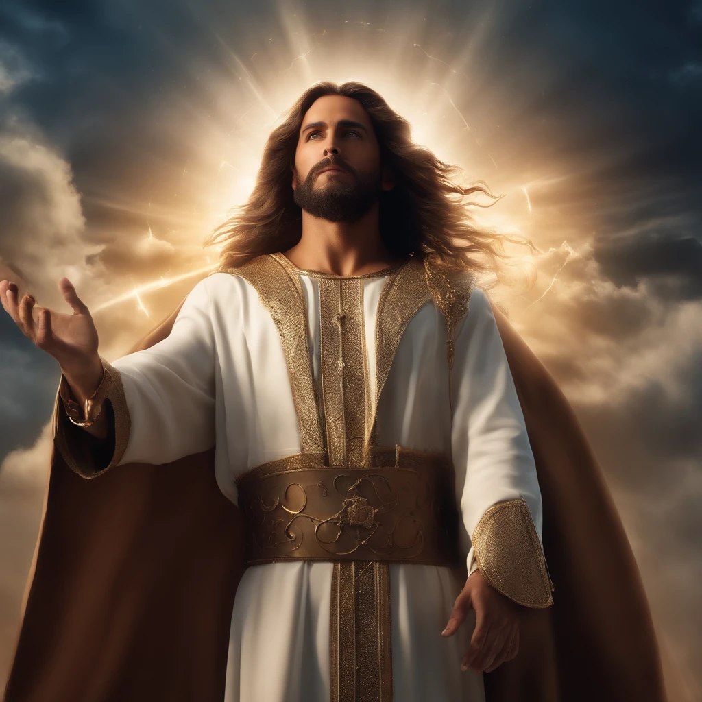 Imagem de um homem sereno no meio de nuvens de cristal (Jesus Cristo, Filho de Deus, em uma pose elegante e imponente em roupas de batalha futuristas, Rising to the sky while looking at the camera;), magia branca reluzente ao redor, Controle de luminosidade, passo da luz, Light spells), Fantasia De Alta Qualidade Foto Stock, Fantasy Style 8k Octane Rendering, Elden Ring Cinematic Lighting, (octan render) estilo fantasia, Unreal Motor render Saint Seiya, picture of a male cleric, dramatic epic cinematic lighting, biblical epic movie, fantasy character Octane rendering, Epic scene of Jesus Christ