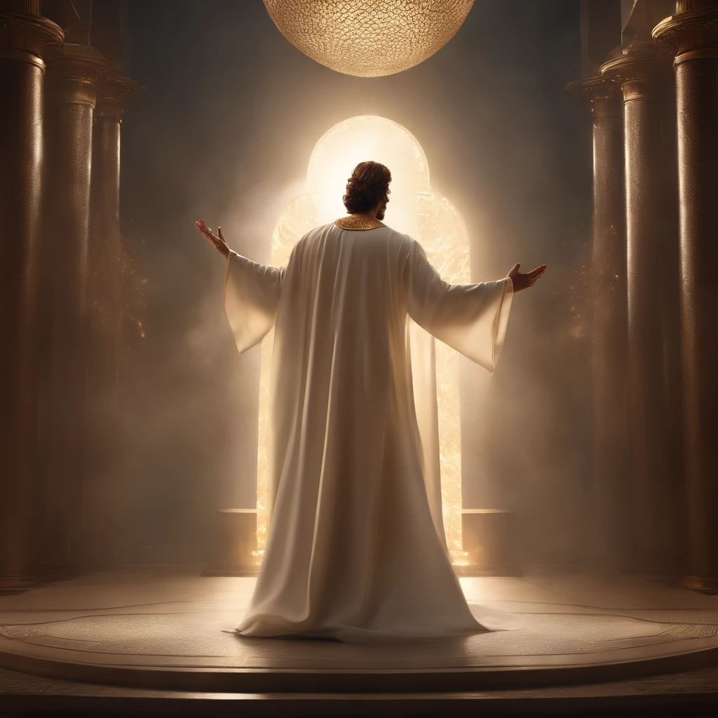 Imagem de um homem sereno no meio de nuvens de cristal (Jesus Cristo, Filho de Deus, em uma pose elegante e imponente em roupas de batalha futuristas, Rising to the sky while looking at the camera;), magia branca reluzente ao redor, Controle de luminosidade, passo da luz, Light spells), Fantasia De Alta Qualidade Foto Stock, Fantasy Style 8k Octane Rendering, Elden Ring Cinematic Lighting, (octan render) estilo fantasia, Unreal Motor render Saint Seiya, picture of a male cleric, dramatic epic cinematic lighting, biblical epic movie, fantasy character Octane rendering, Epic scene of Jesus Christ