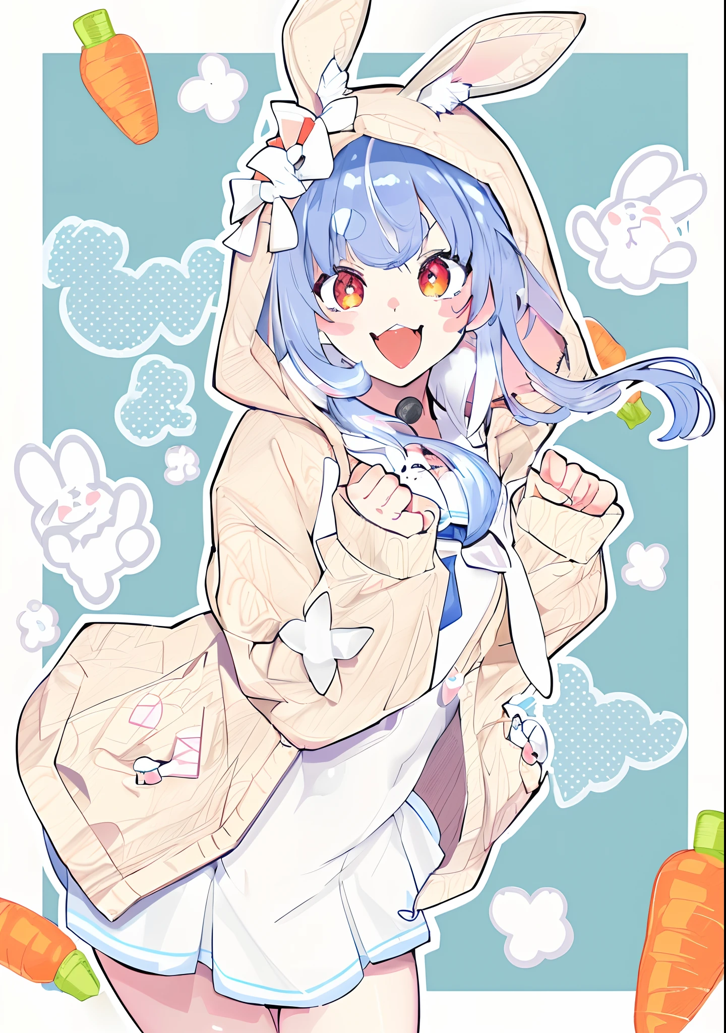 (masterpiece, best quality, smooth skin, highres), Usada Pekora from Ho****ve, solo, cute art, art station, (beige hoodie, bunny ears, cute pose, school uniform), big smile, mouth open, carrots stickers, bunnies stickers, thick outlines, clear hands, fist pose, cutesy fist