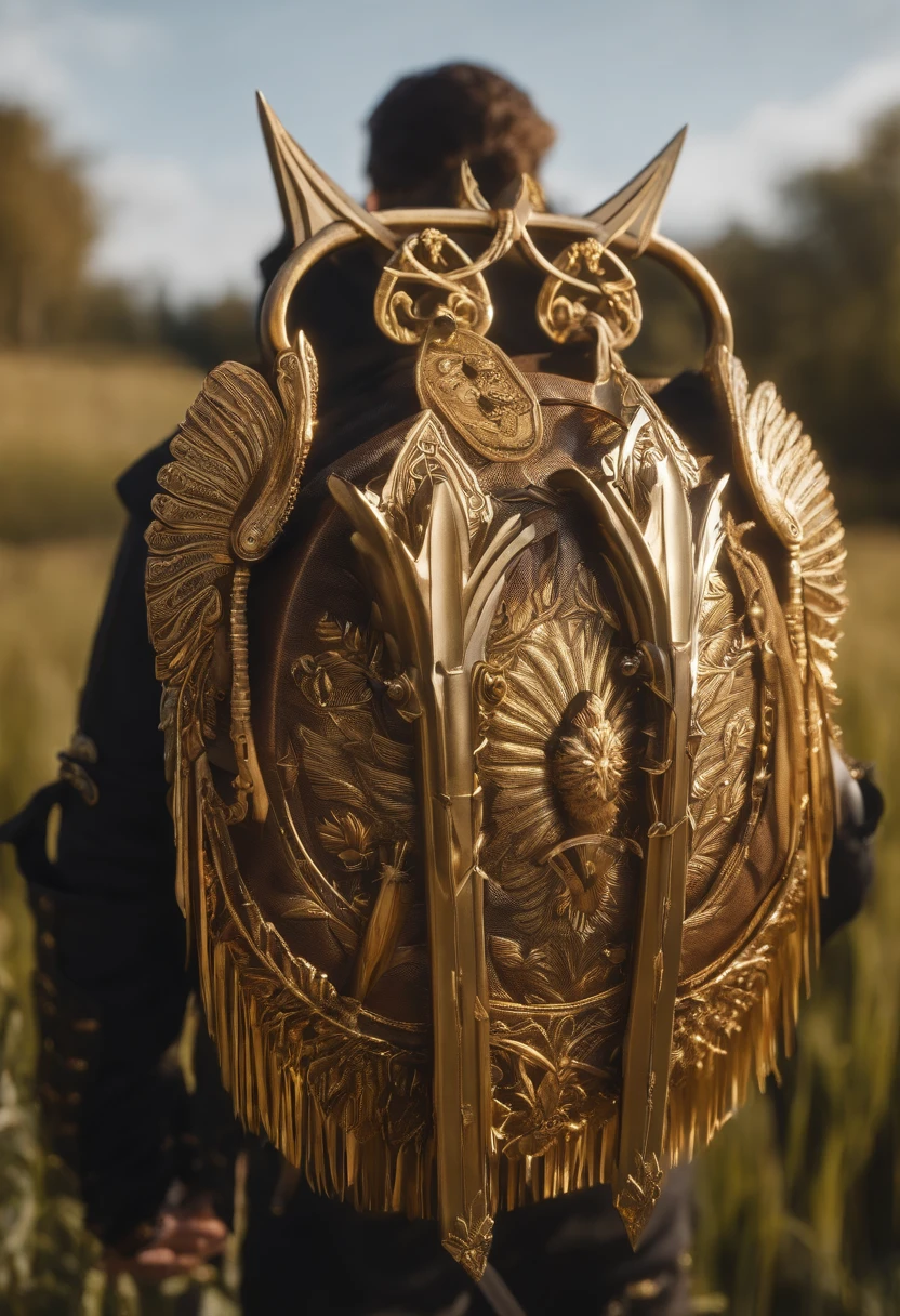 (Game backpack button design),golds,Flat 2D effect,Wheat fringe spikes、Sword and magic、Resembles a badge、A separate backpack、No characters on white background
