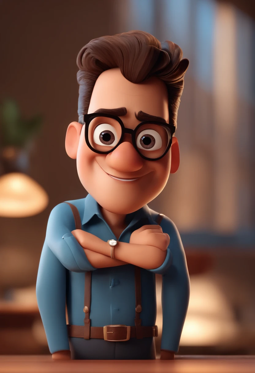 Cartoon character of a man with black glasses and a blue shirt, animation character, Caractere estilizado, animation style rendering, 3D estilizado, Arnold Maya render, 3 d render stylized, toon render keyshot, Personagem 3D, Personagem 3D, 3d rendering stylized, 3 d character render, personagem de desenho animado, Personagem de close up, Pose de personagem, (Estilo Pixar) (master part:1.2) (Bokeh) (best quality) (pele detalhada) (textura detalhada) (8k) (argila) (Cinematic lighting) (foco nítido