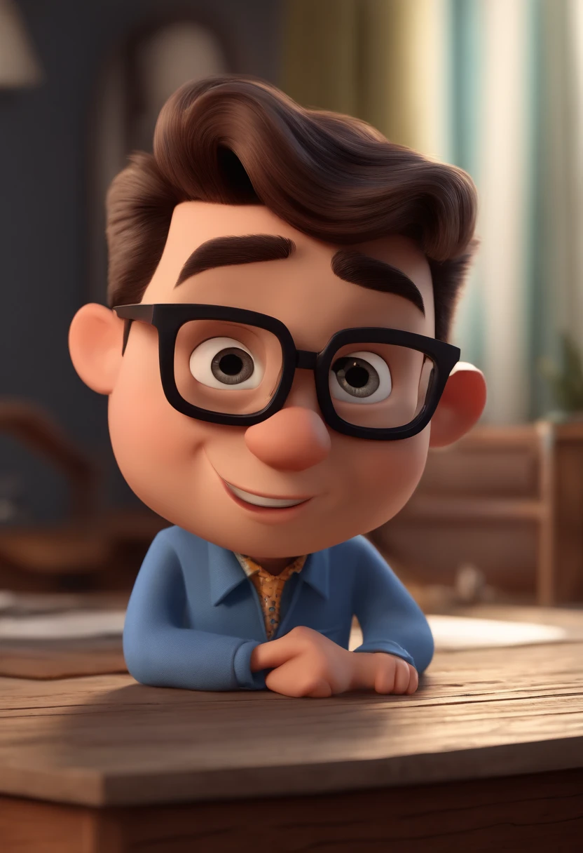 Cartoon character of a man with black glasses and a blue shirt, animation character, Caractere estilizado, animation style rendering, 3D estilizado, Arnold Maya render, 3 d render stylized, toon render keyshot, Personagem 3D, Personagem 3D, 3d rendering stylized, 3 d character render, personagem de desenho animado, Personagem de close up, Pose de personagem,  (Estilo Pixar) (master part:1.2) (Bokeh) (best quality) (pele detalhada) (textura detalhada) (8k) (argila) (Cinematic lighting) (foco nítido