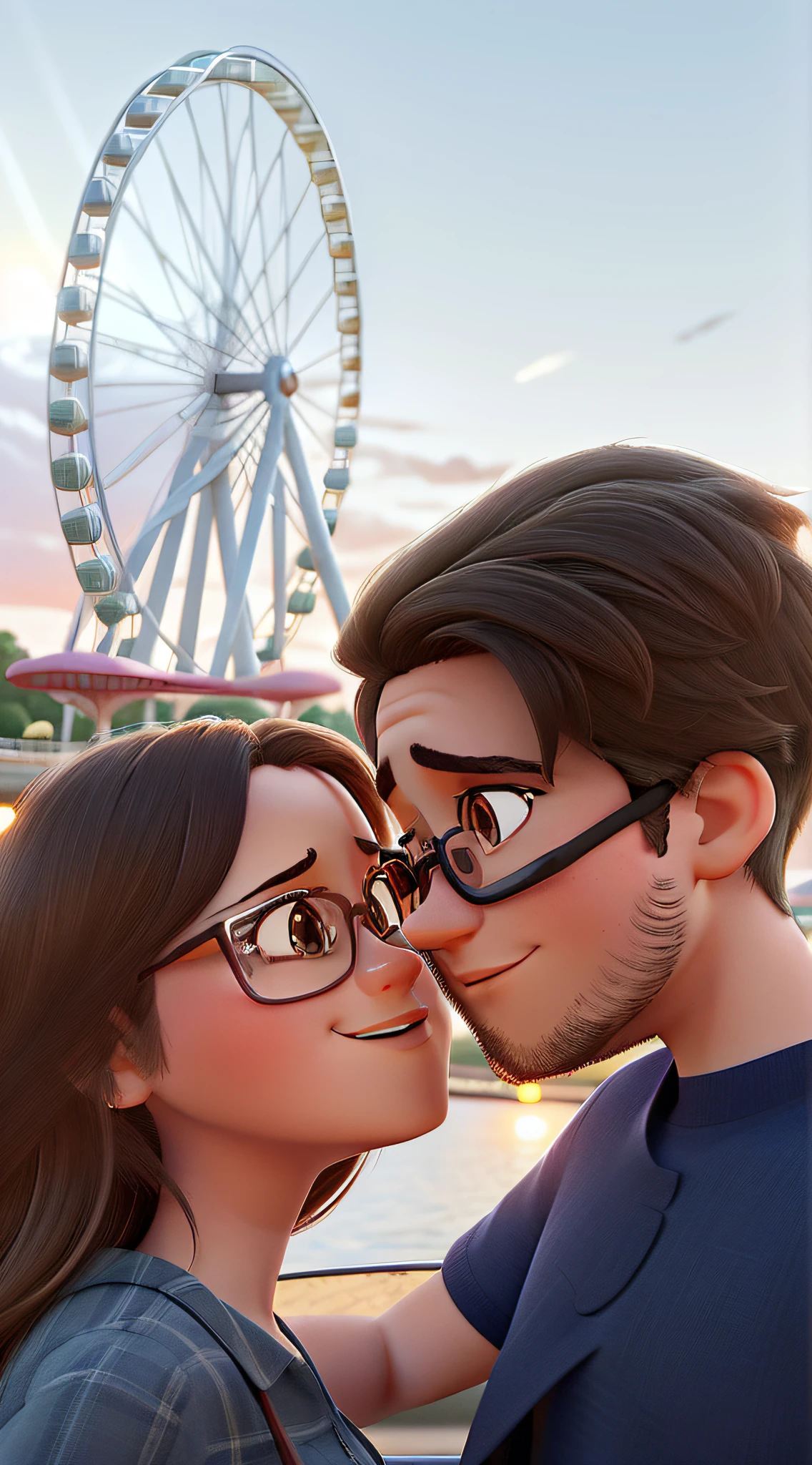 A pixar-style image of a young couple taking a selfie in front of a modern Ferris wheel at sunset. Orange sky due to sunset. the girl is brunette, wears glasses and has long, straight hair. The boy is brunette, wears glasses, tem uma barba cheia e curta e cabelo enrolado. Alta qualidade, melhor qualidade.