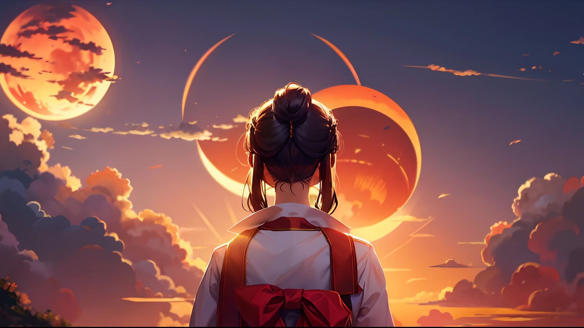 the sunset,eventide,evening light,middle parted hairstyle,Bowing