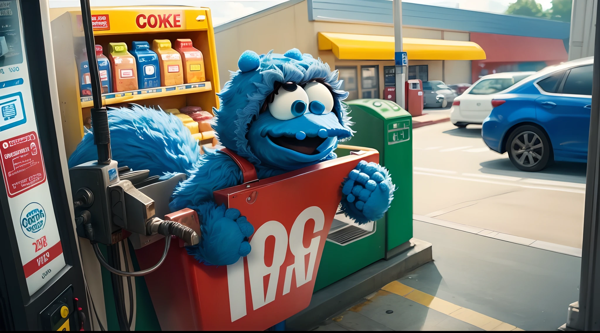 Cookie Monster at a gas station cctv footage