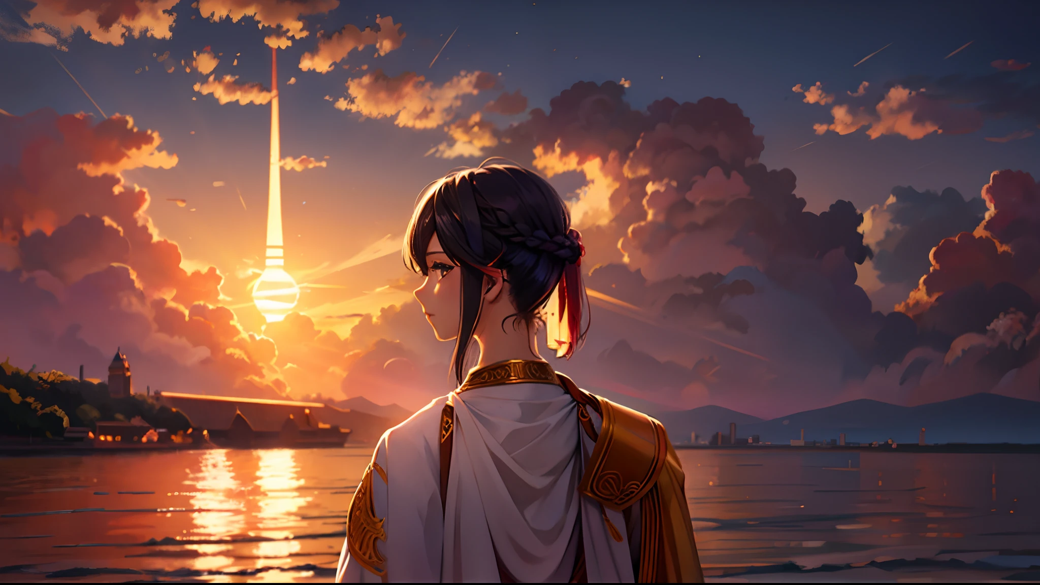 the sunset,eventide,evening light,middle parted hairstyle,Bowing