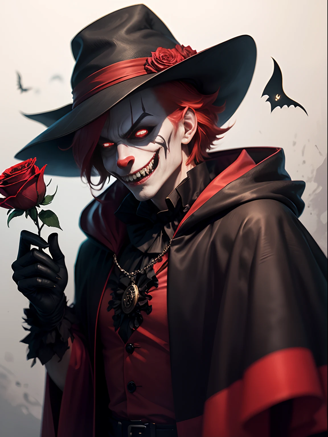Evil clown, Sharp teeth,，Red-headed nose，dark circles, Black cloak，Spooky smile，sportrait，Holding a red rose in his hand