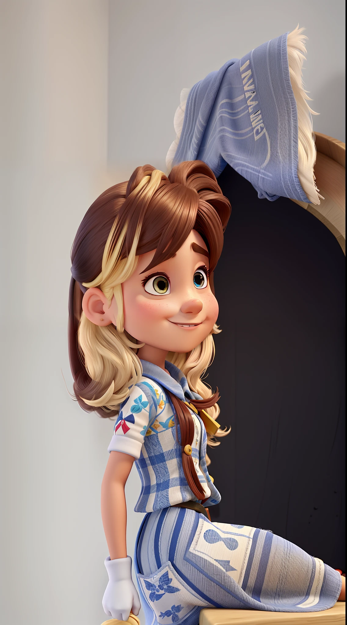 Uma mulher loira, com cabelo cacheado estilo disney pixar, alta qualidade, melhor qualidade