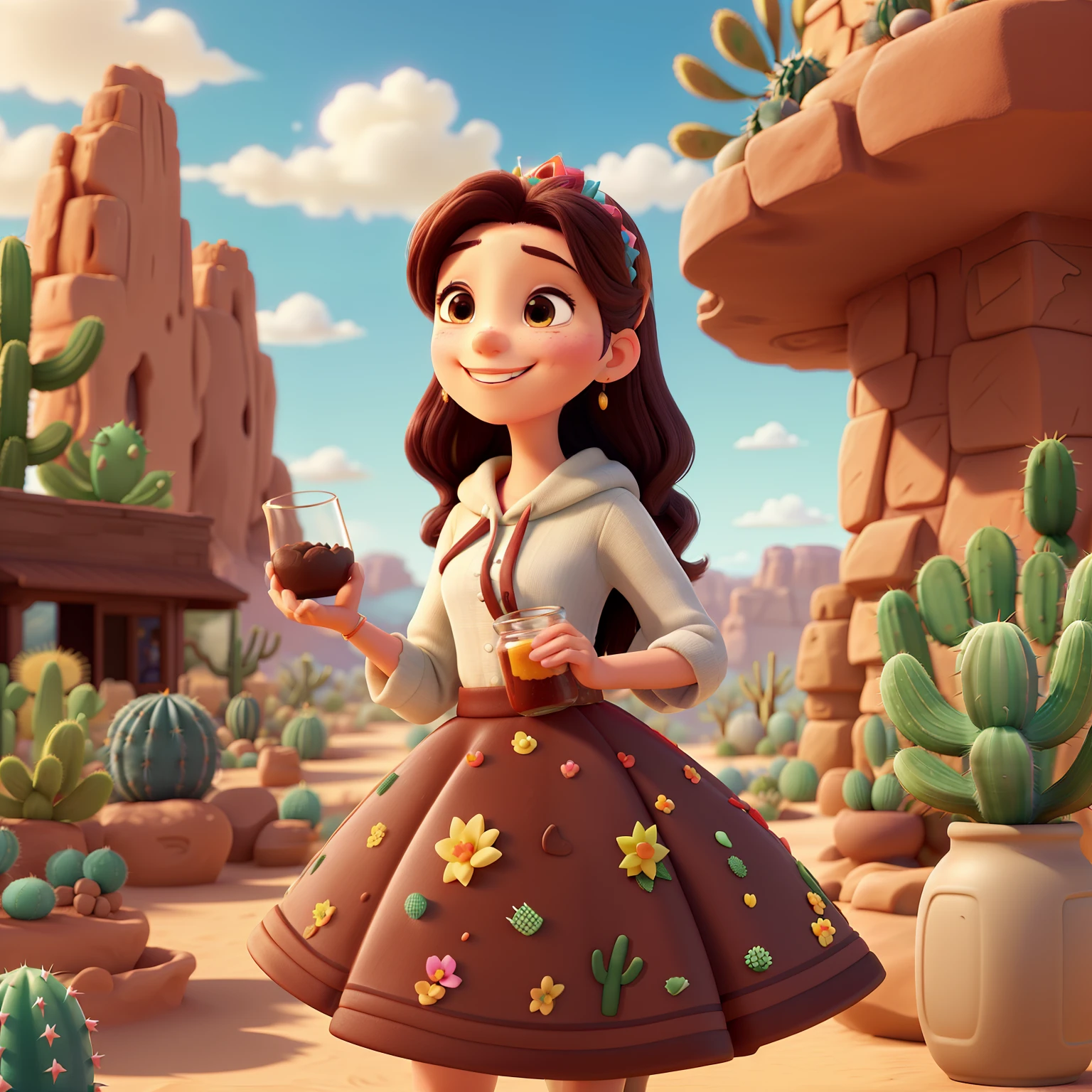A Disney Pixar inspired movie poster with the title "(My Sweet Side)". (A pixar style woman, high quality, best quality, holding a glass jar in each hand, these jars contain chocolate cake inside the front, she is smiling, happy, standing in front of a cactus, next to the oasis of the desert). The scene is expected to be in Pixar's distinctive digital art style, focusing on the characters' expressions, vibrant colors and detailed textures characteristic of their animations, with the title "(My Sweet Side)"
