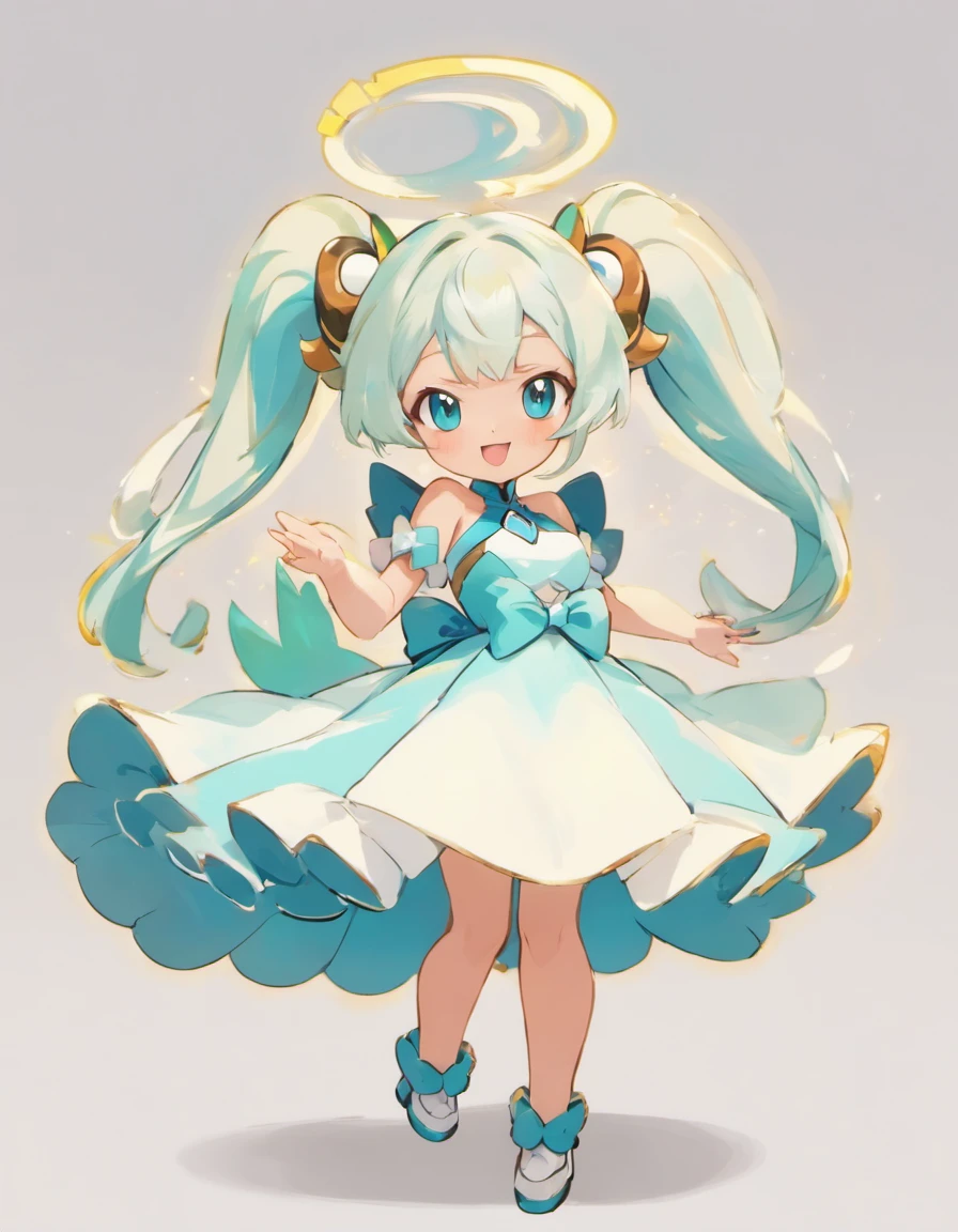 (master part, best quality) Expressive and euphoric eyes, rosto perfeito, 1 mulher bonita atraente, corpo inteiro, pele parda, vestido branco oversized solta, ombros expostos, boca fechada sorriso brilhante, Cyan Twin Tails, olhos castanho escuros, cabelos ondulados e ruivos