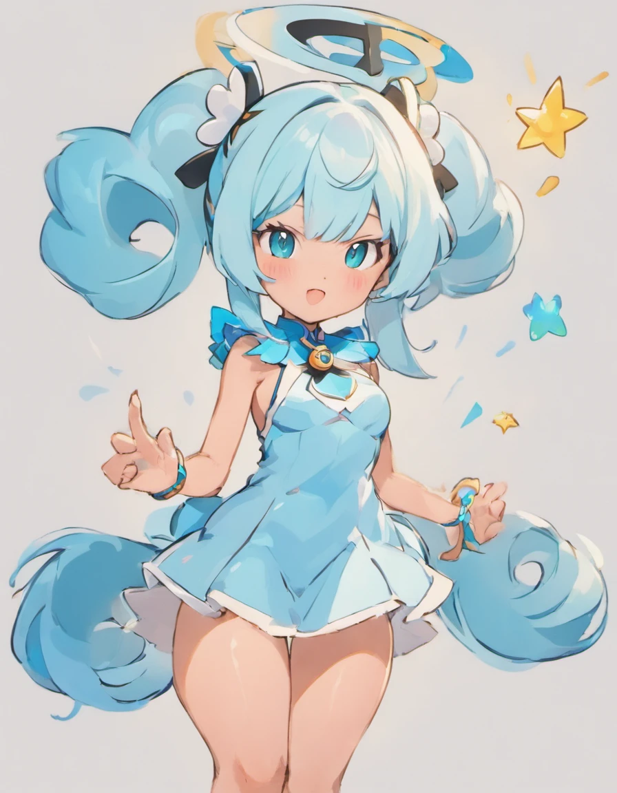 (master part, best quality) Expressive and euphoric eyes, rosto perfeito, 1 mulher bonita atraente, corpo inteiro, pele parda, vestido branco oversized solta, ombros expostos, boca fechada sorriso brilhante, Cyan Twin Tails, olhos castanho escuros, cabelos ondulados e ruivos