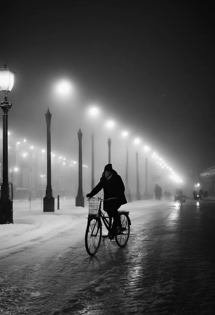 uma pessoa andando de bicicleta por uma rua coberta de neve, uma foto em preto e branco, Directed by: Jean Crotti, Destaque na CG Society, fotografia de arte, bus station, noite agitada, sindicato(2012), Nevando, bonde, Incrivelmente sinistro, tempo de tempestade, homem andando, Tirado com uma Canon EOS 5 D, Nordic Summer, an epic love affair with doubt