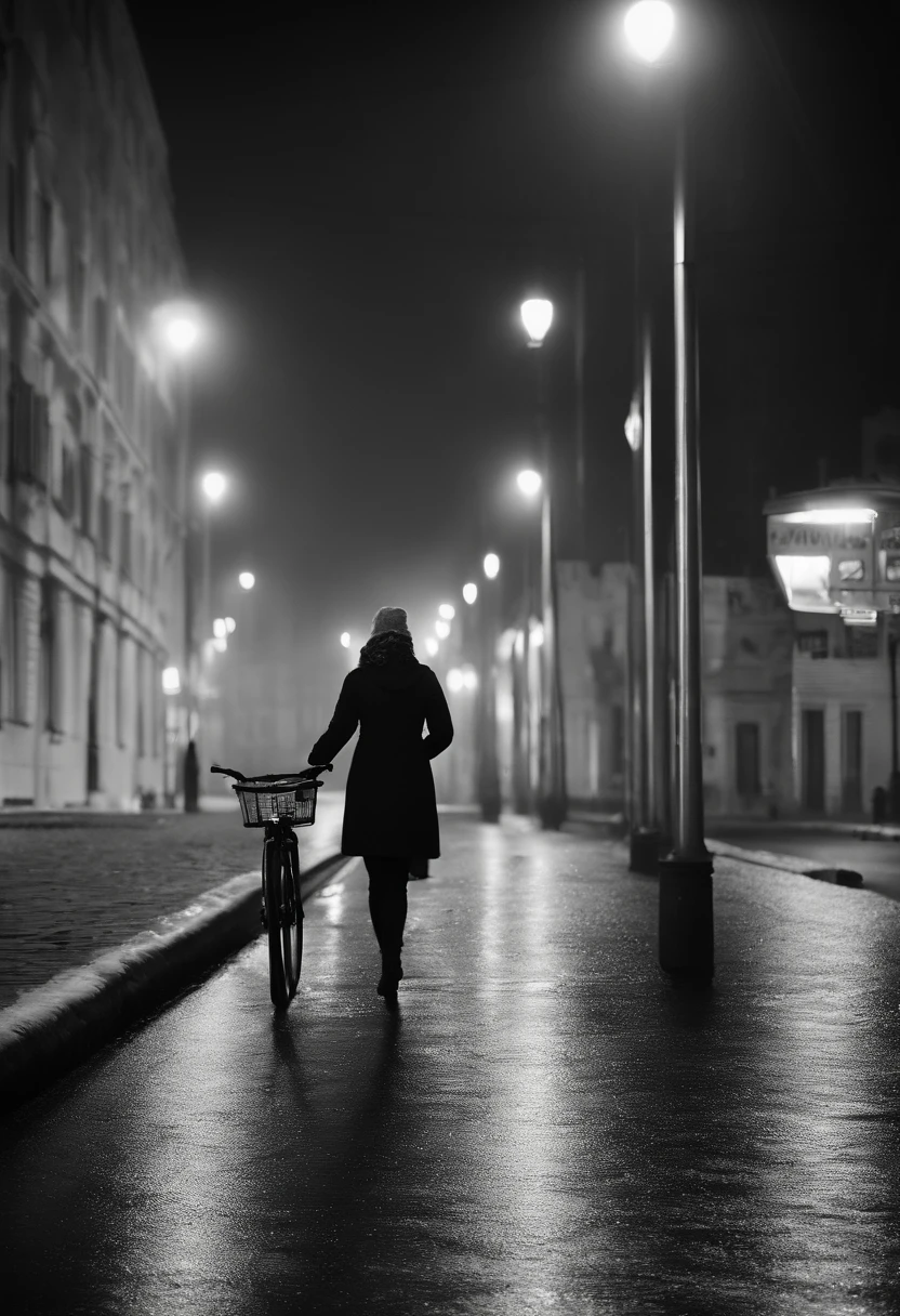 uma pessoa andando de bicicleta por uma rua coberta de neve, uma foto em preto e branco, Directed by: Jean Crotti, Destaque na CG Society, fotografia de arte, bus station, noite agitada, sindicato(2012), Nevando, bonde, Incrivelmente sinistro, tempo de tempestade, homem andando, Tirado com uma Canon EOS 5 D, Nordic Summer, an epic love affair with doubt
