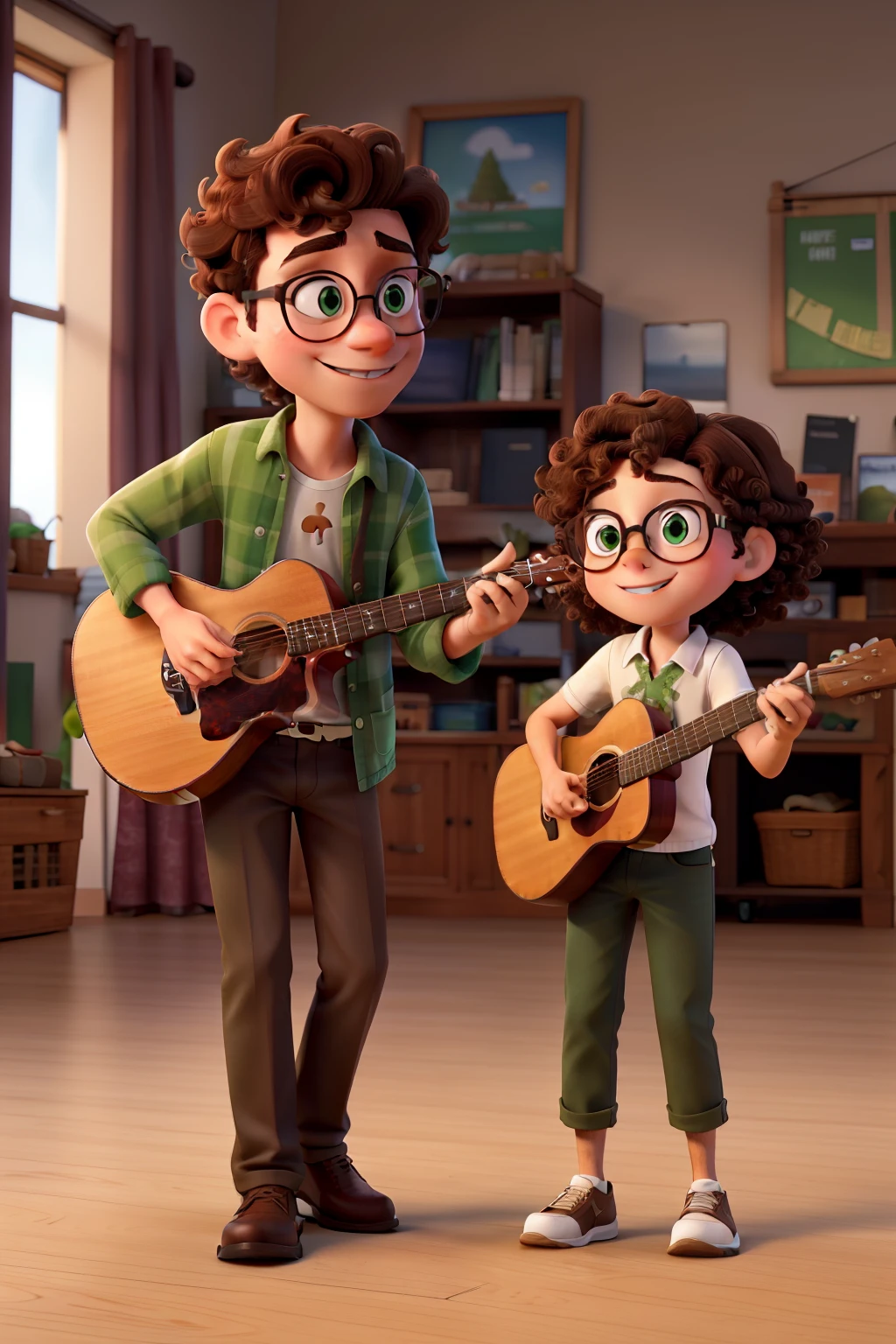 Alta qualidade, Man with brown hair and green eyes and a pair of glasses, Playing guitar next to a white woman with curly brown hair playing with a 2-year-old running